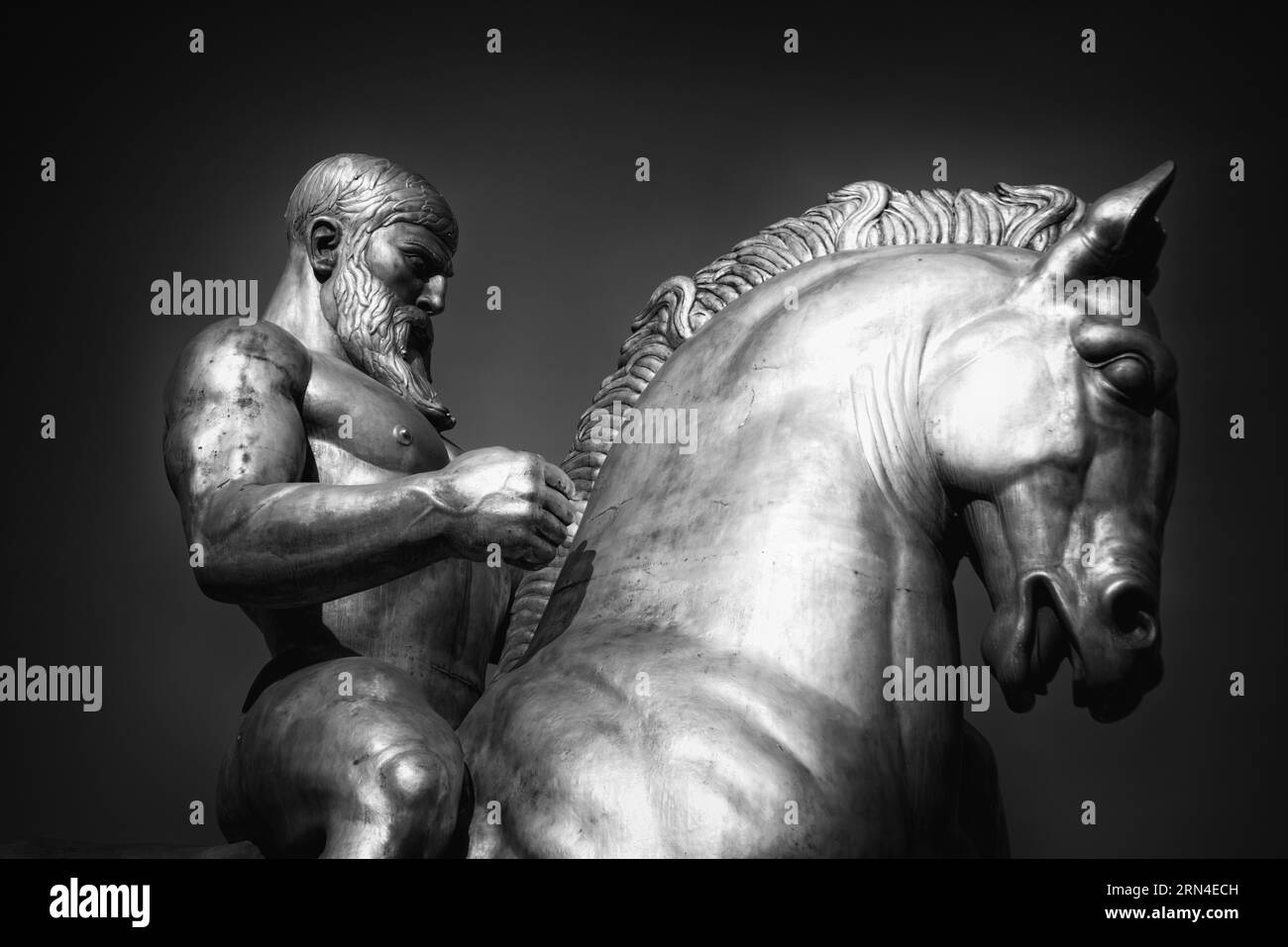 Valor Statue, National Mall, Washington, D.C. Schwarzweißfoto mit der Statue eines muskulösen Mannes auf dem Pferd, nach links gerichtet. Stockfoto