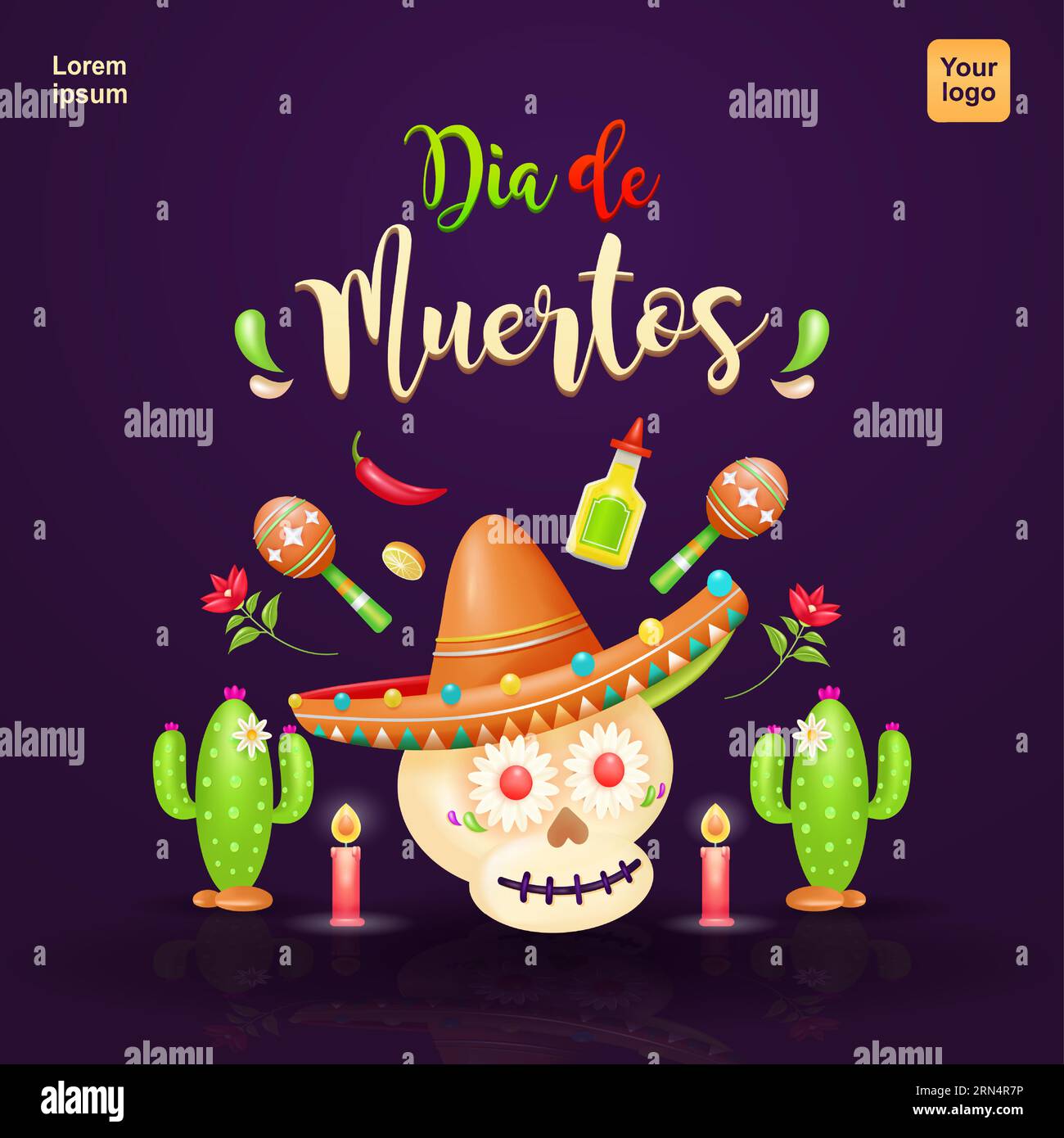 Dia de muertos. Zuckerschädel mit Hüten, Kerzen, Kakteen, Blumen, Tequila, Maracas und Chili-Paprika. Geeignet für Veranstaltungen Stock Vektor