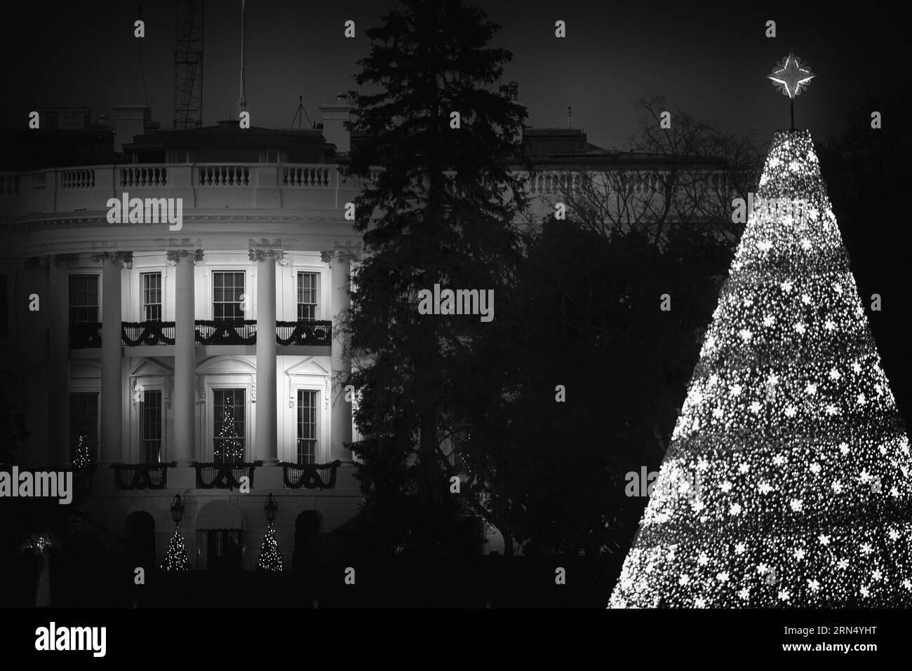 Weihnachtsbaum, Weißes Haus, Washington DC — Schwarz-Weiß-Foto | Weihnachtsbaum bei Nacht, Weißes Haus, Washington, D.C. Schwarz-Weiß-Fotografie zeigt den beleuchteten Baum und den Südportikus des Weißen Hauses im Hintergrund. Stockfoto