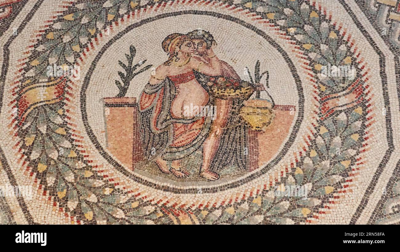 Liebe Szene, Mann und Frau, römische Mosaike, Villa Romana del Casale, UNESCO-Weltkulturerbe, Piazza Armerina, Provinz Enna, Sizilien, Italien Stockfoto