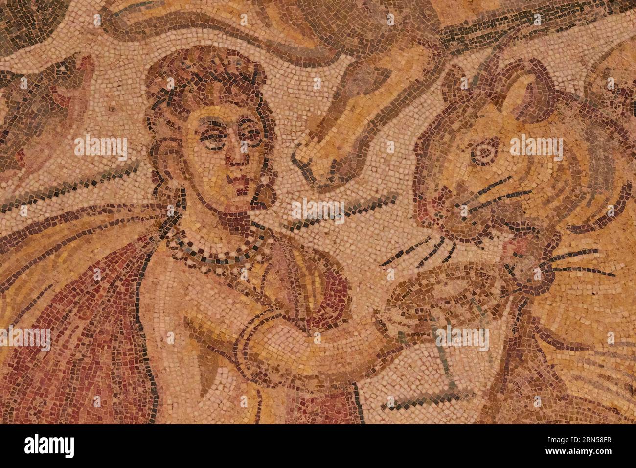 Schöne Frau, die einen Tiger ernährt, römische Mosaike, Villa Romana del Casale, UNESCO-Weltkulturerbe, Piazza Armerina, Provinz Enna, Sizilien, Italien Stockfoto
