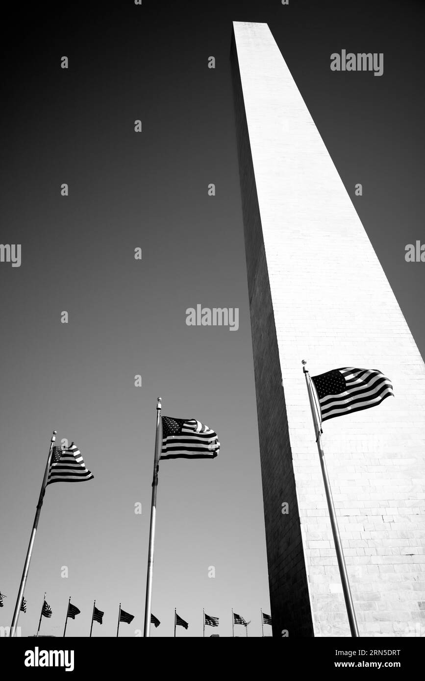 Washington Monument und amerikanische Flaggen, Washington DC — Schwarz-Weiß-Foto | Washington Monument und amerikanische Flaggen, Washington, D.C. Schwarz-Weiß-Fotografie, die den Obelisken aus einem niedrigen Winkel zeigt, mit Flaggen, die seine Basis umringen. Stockfoto