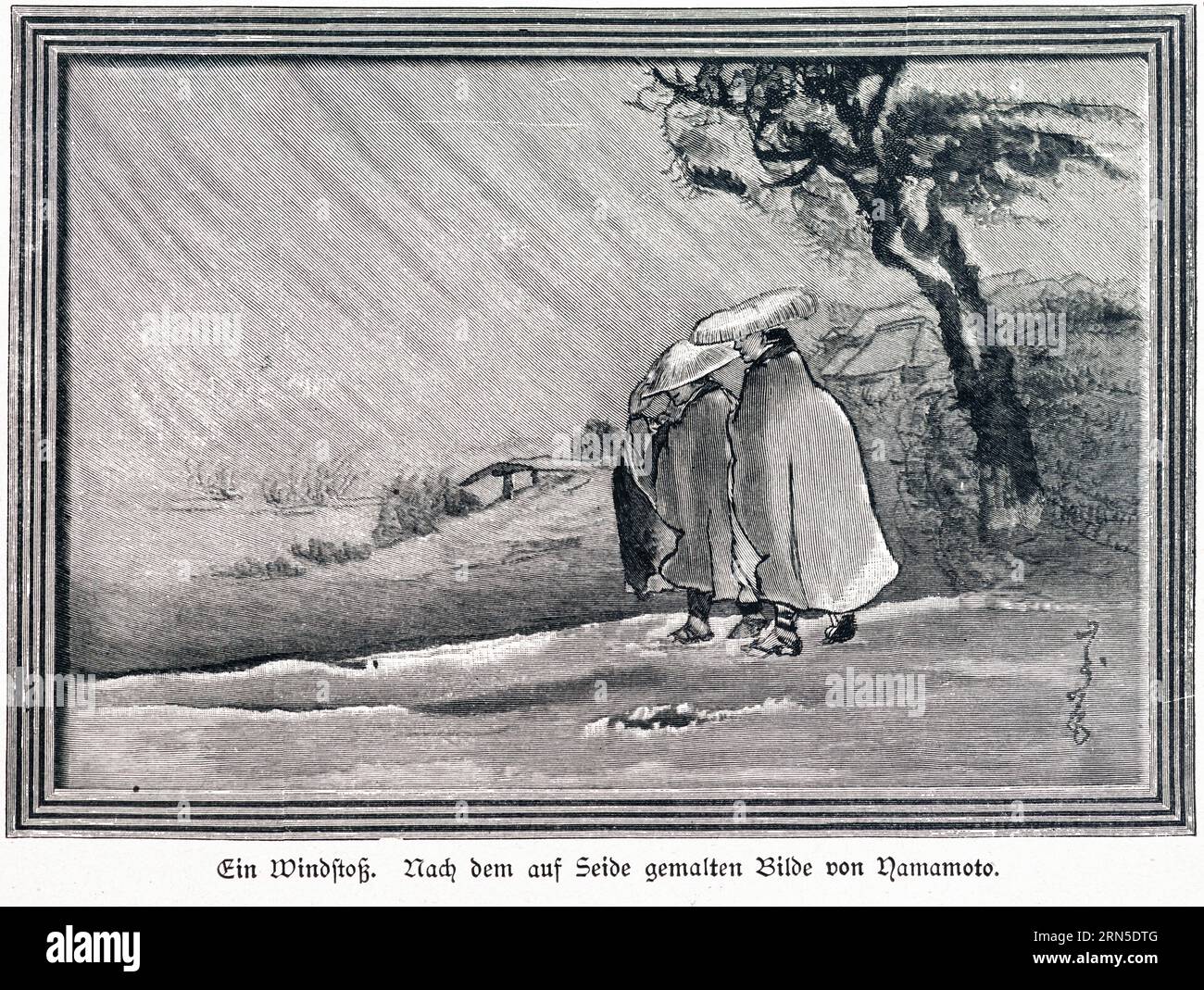 Eine Windböe. Nach einem Gemälde von Namamoto, Japan, Seide, Malerei, Kunst, Regen, Wind, schlechtes Wetter, japanische Landschaft, See, Menschen, Häuser, Baum Stockfoto