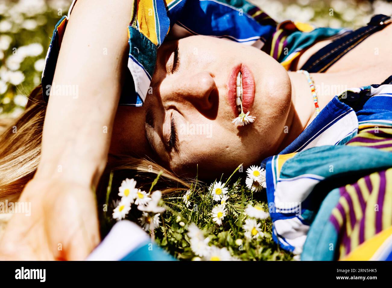 Hübsche junge Frau im Gras zwischen Gänseblümchen mit Gänseblümchen im Mund, Köln, Nordrhein-Westfalen, Deutschland, Wiese, gutes Wetter Stockfoto