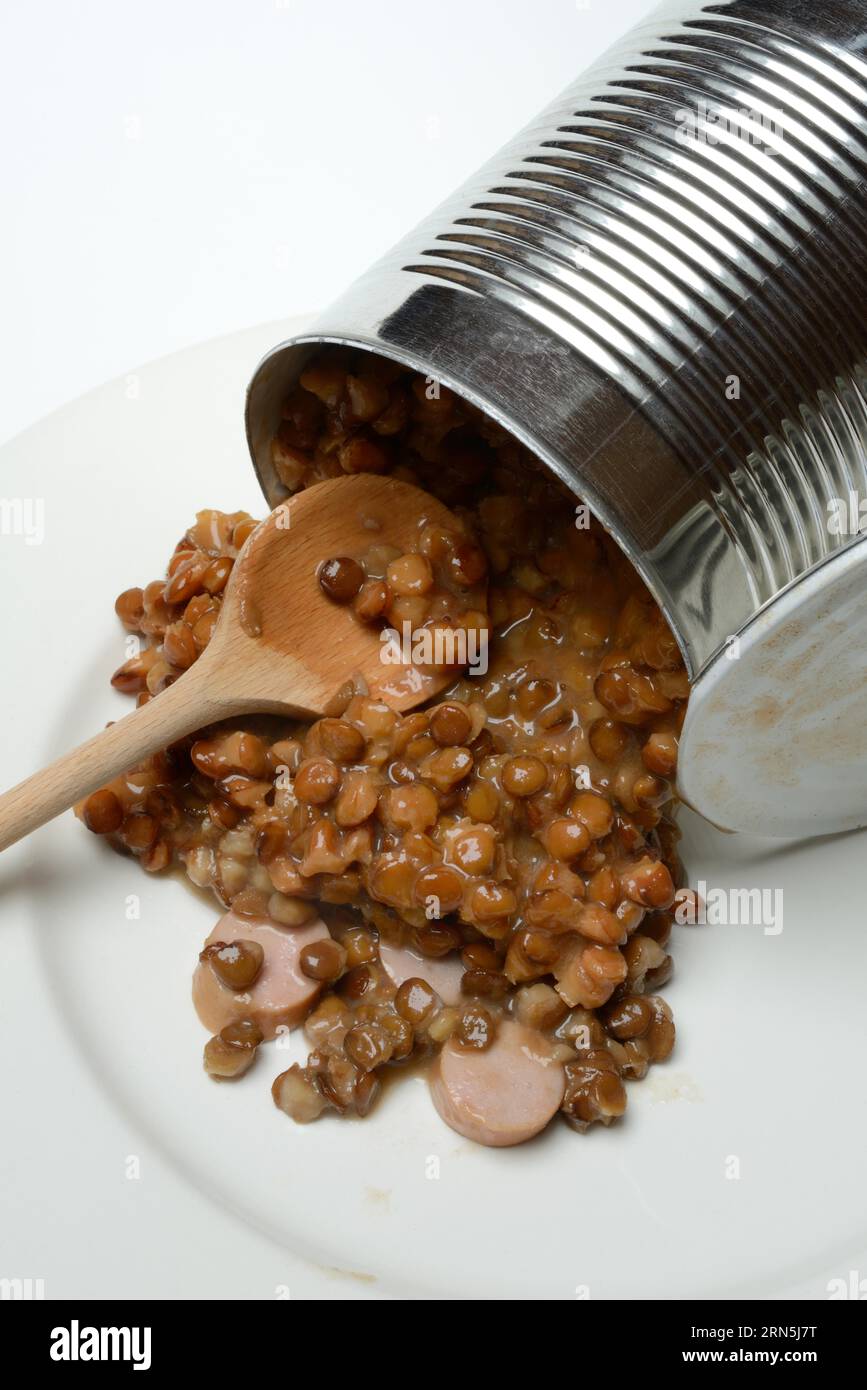 Linsenschale (Lens culinaris) in Dose, Linsen Stockfoto