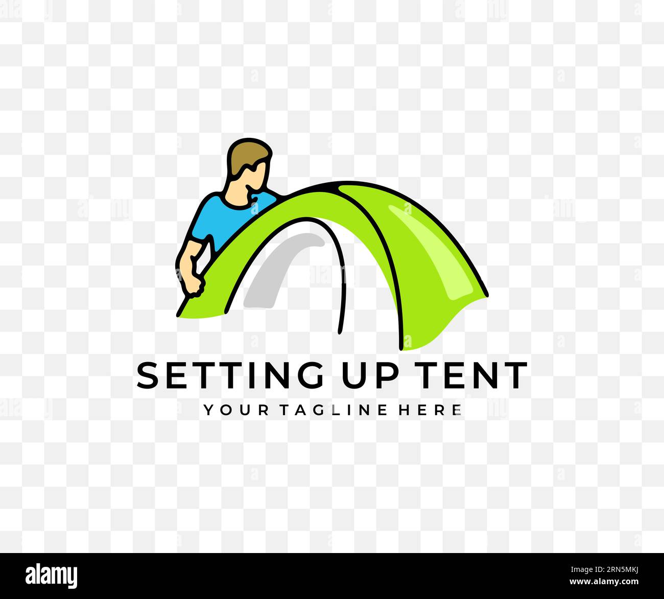 Mann baut Zelt, Camping und Camp auf, farbiges Grafikdesign. Tourismus, Wanderung, Wandern, Natur- und Campingausflug, Vektordesign und Illustration Stock Vektor