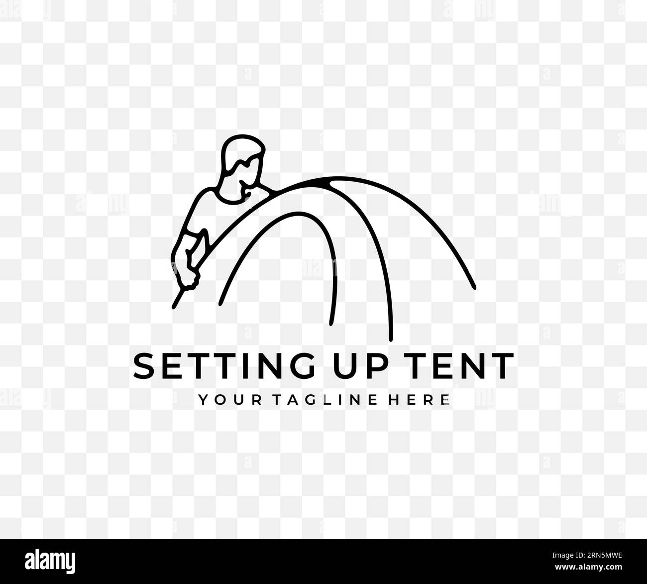 Man baut Zelt, Camping und Camp auf, lineares grafisches Design. Tourismus, Wanderung, Wandern, Natur- und Campingausflug, Vektordesign und Illustration Stock Vektor