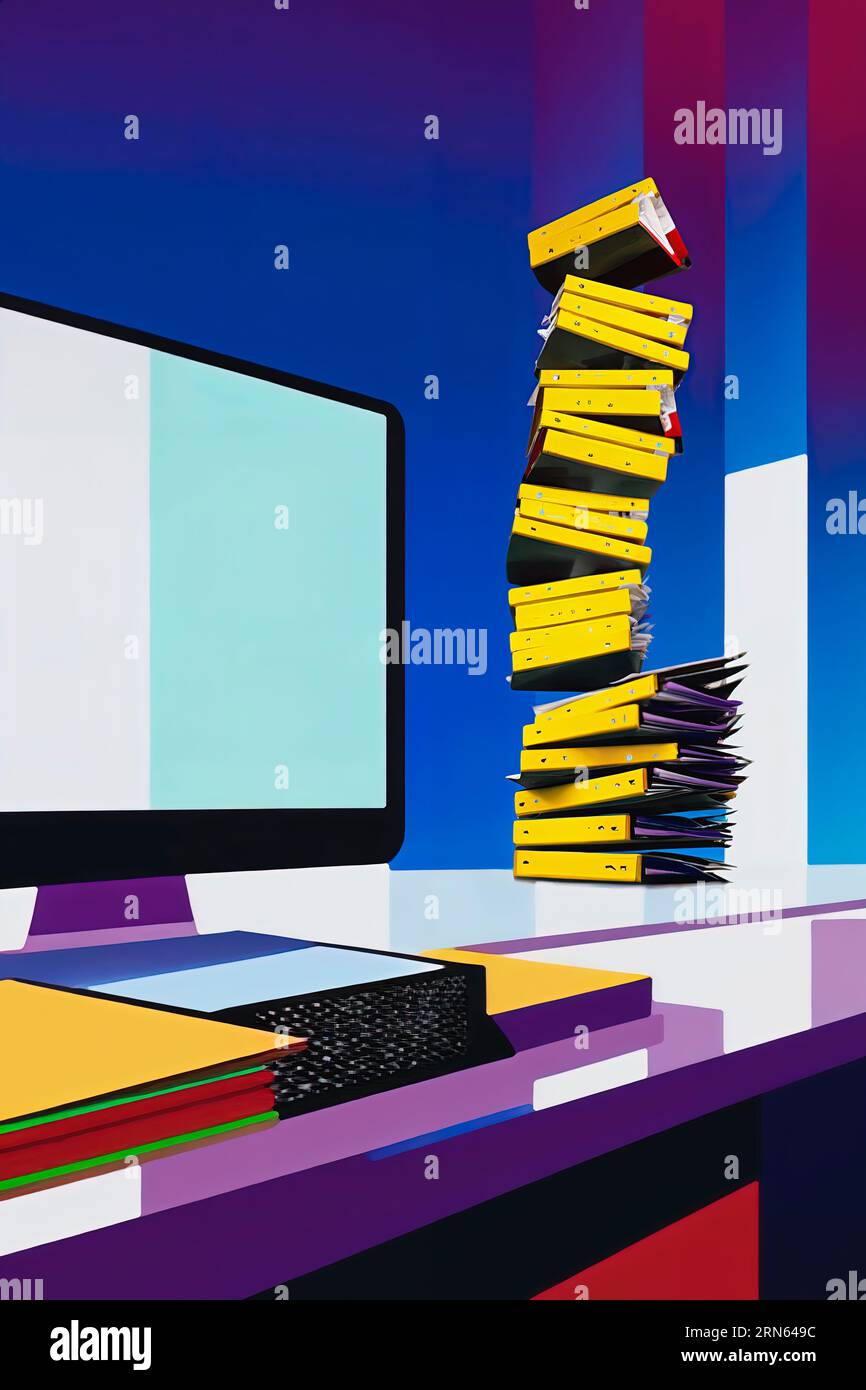 Eine zeitgenössische Illustration zur Einrichtung eines Desktop-Computers. Ein schlanker und eleganter Arbeitsbereich, der als digitale Kommandozentrale für moderne Aufgaben dient. Stockfoto