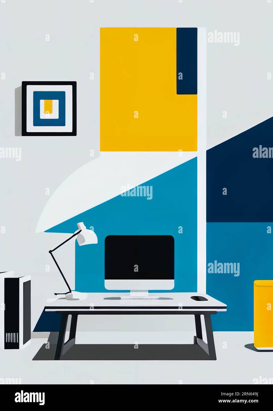 Eine zeitgenössische Illustration zur Einrichtung eines Desktop-Computers. Ein schlanker und eleganter Arbeitsbereich, der als digitale Kommandozentrale für moderne Aufgaben dient. Stockfoto