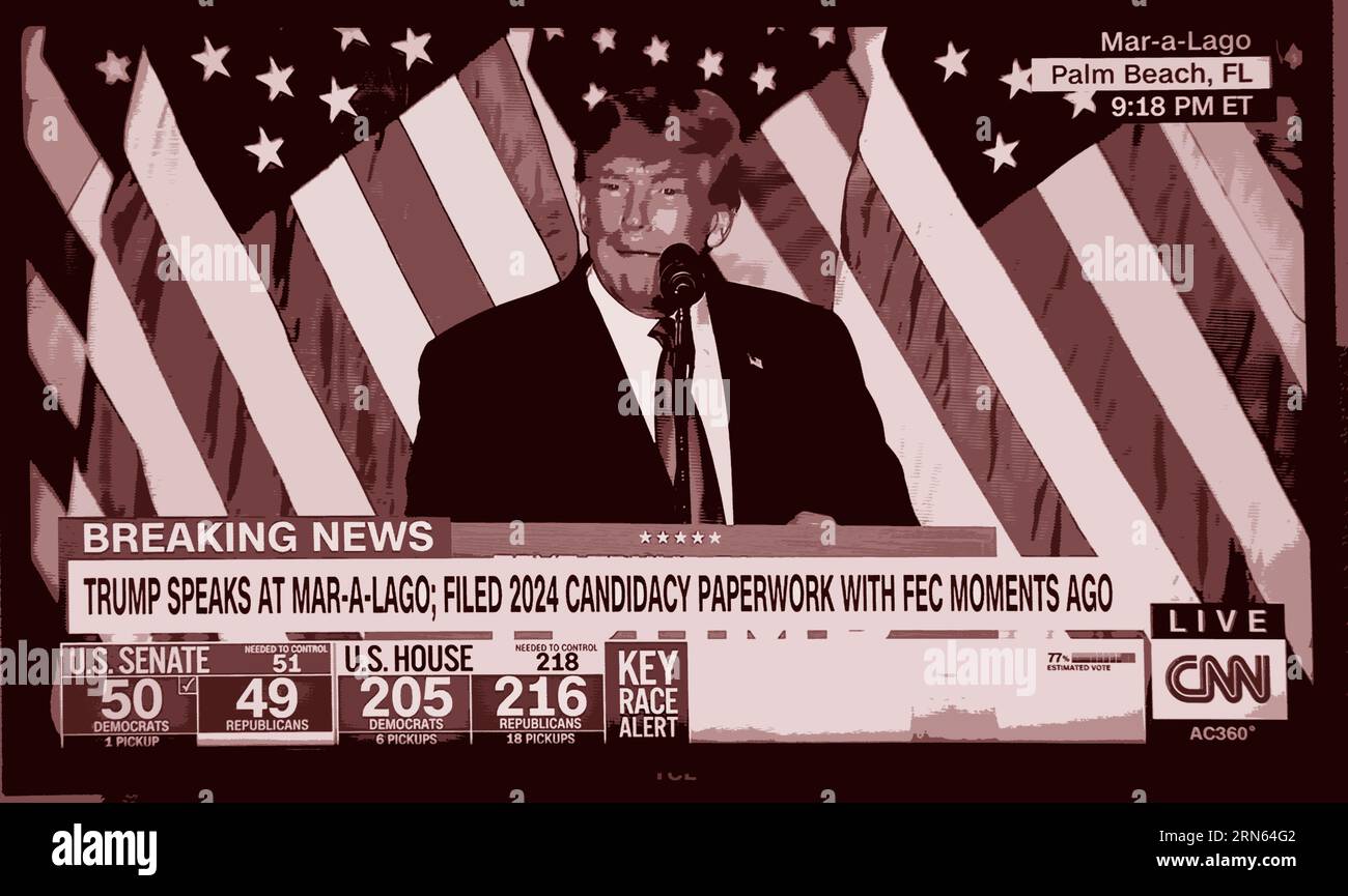 Ein CNN-Fernsehscreenshot, digital eingefärbt, zeigt den ehemaligen US-Präsidenten Donald Trump, der seine Kandidatur für eine zweite Amtszeit als US-Präsident ankündigt. Stockfoto