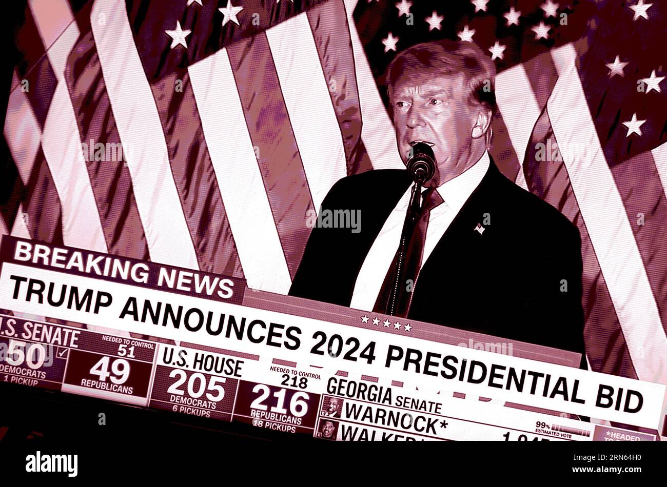 Ein CNN-Fernsehscreenshot, digital eingefärbt, zeigt den ehemaligen US-Präsidenten Donald Trump, der seine Kandidatur für eine zweite Amtszeit als US-Präsident ankündigt. Stockfoto