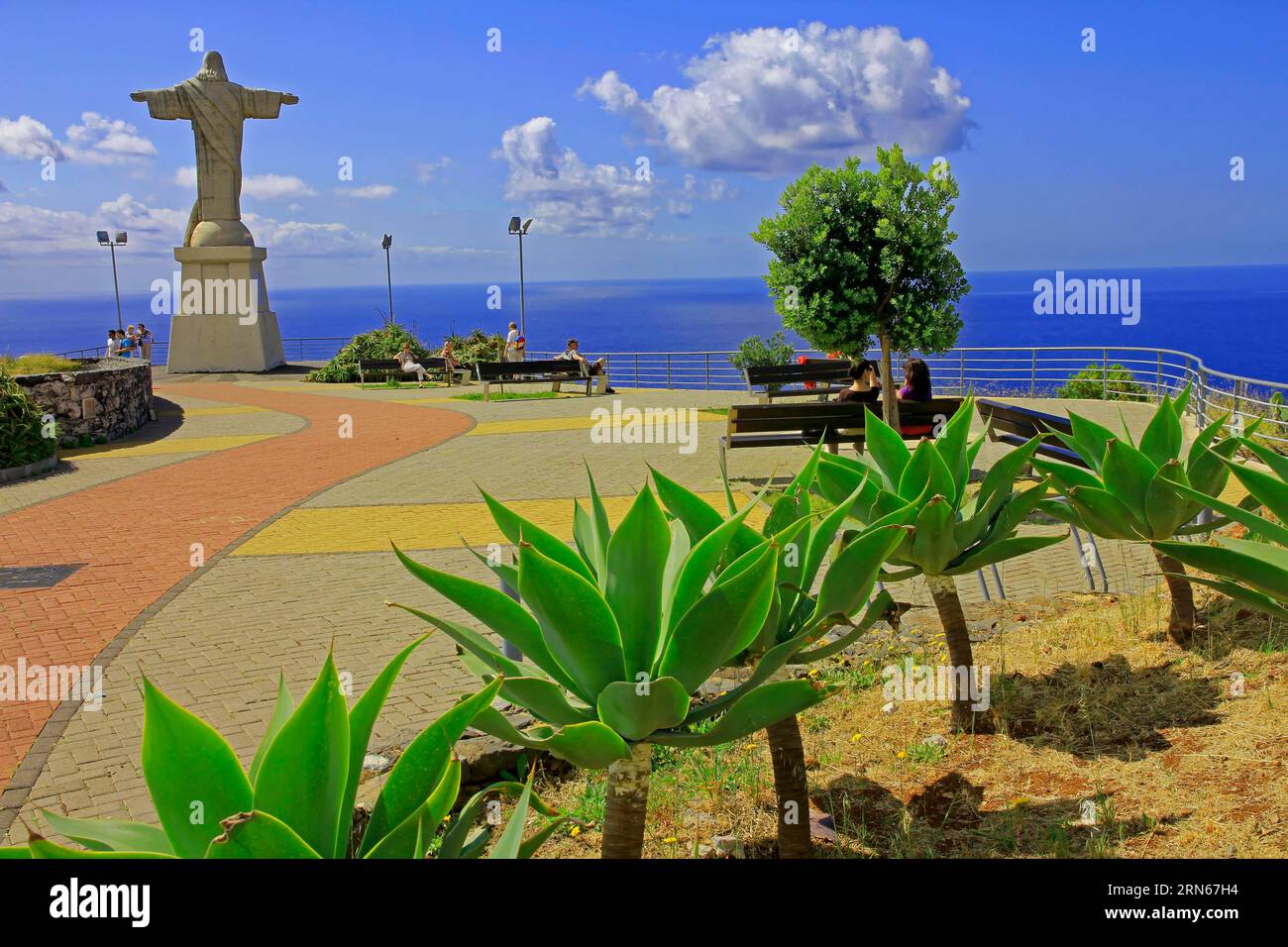 Aussichtspunkt, Miradouro Ponta do Garajau, Christo-Rei-Statue, Drachenbaum-Agave (Agave attenuata) Suedkueste, Insel Madeira Stockfoto