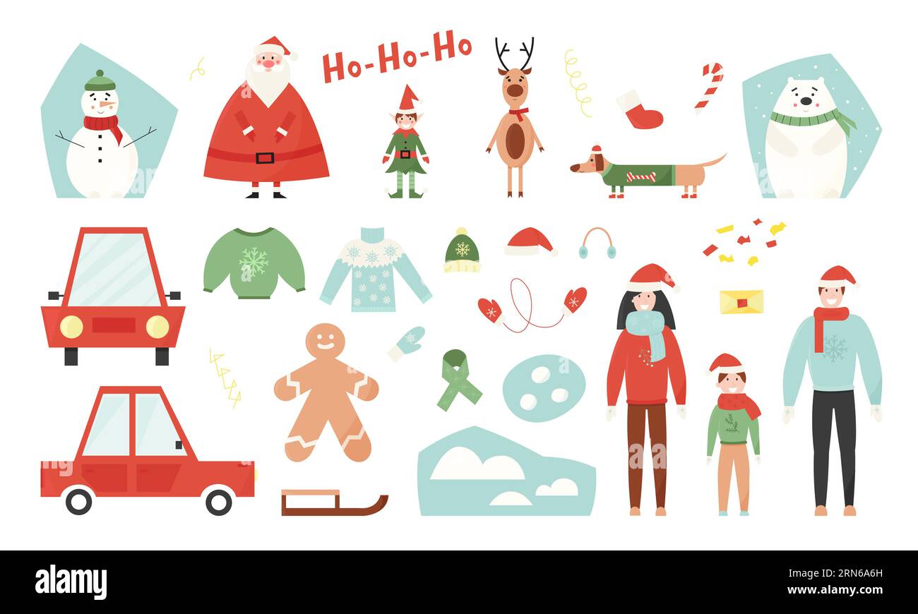 weihnachtsfiguren mit weihnachtsmann, Hirsch, Elfen, Tieren und glücklicher Familie in Winterkleidung und ihrem Auto. Zeichentrickstil mit flachem Vektor Stock Vektor