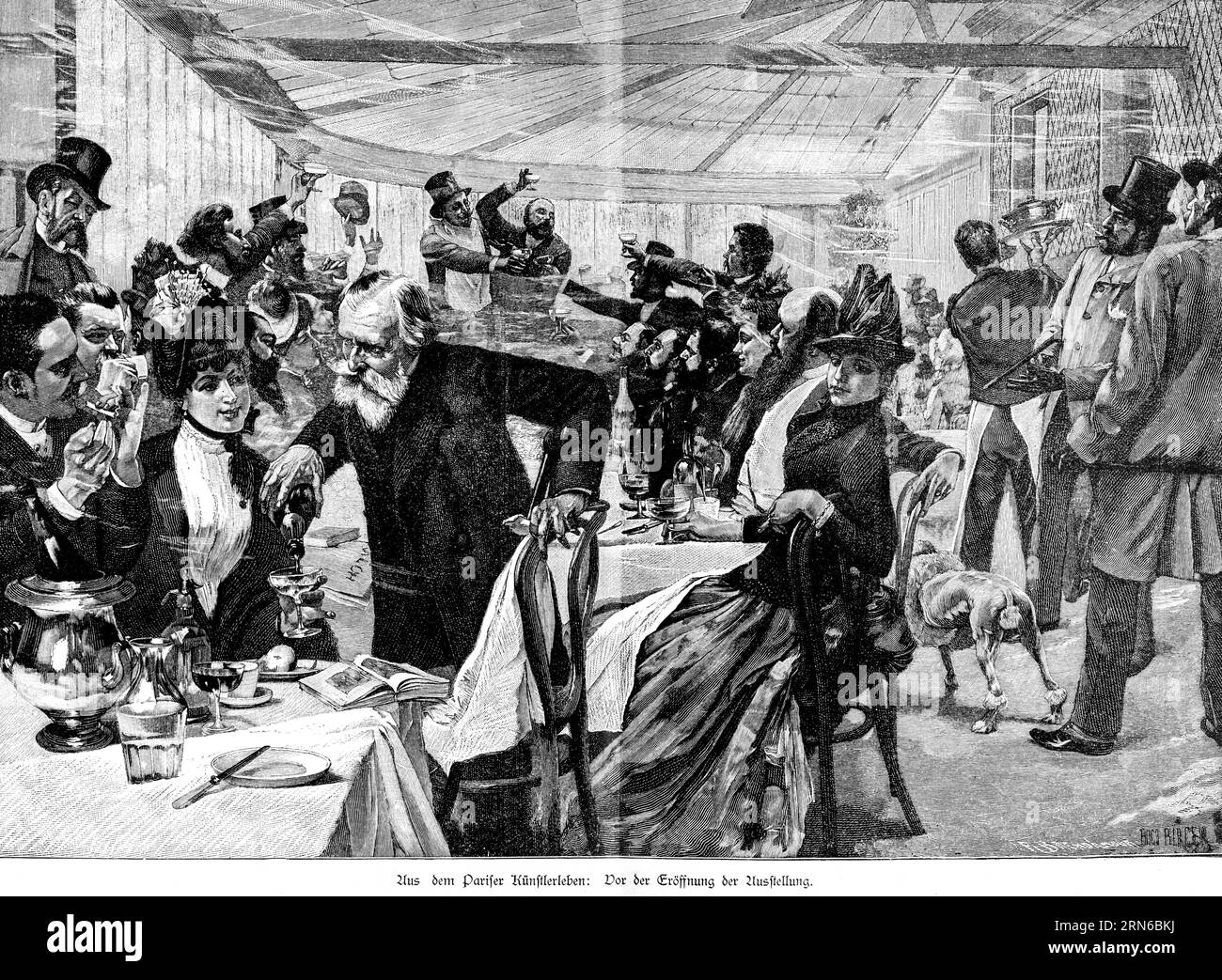 Aus dem Leben des Pariser Künstlers, vor der Eröffnung der Ausstellung, Paris, Gesellschaft, Künstler, Inneneinrichtung, viele Leute, Essen, Getränke, Gläser Stockfoto