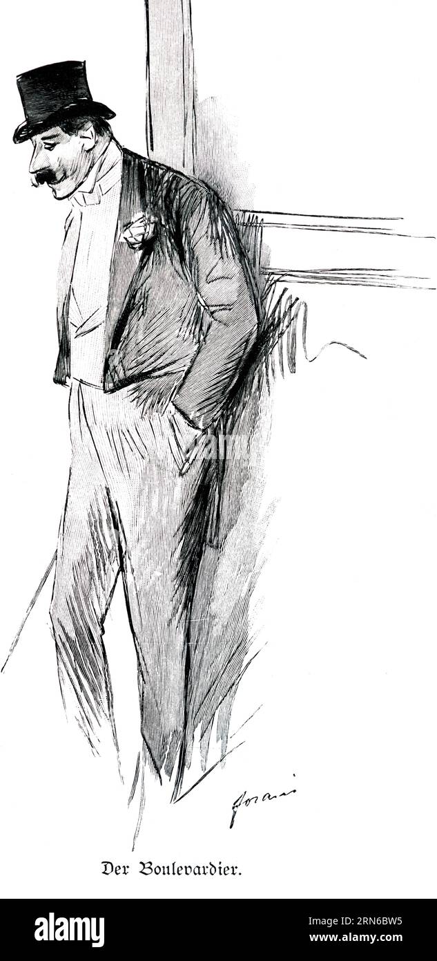 Porträt eines Boulevardiers, Autor am Boulevard Theatre, Paris, Theater, Boulevard, Mode, Jacke, Hut, Taschenviereck, Kragen, Schnurrbart Stockfoto
