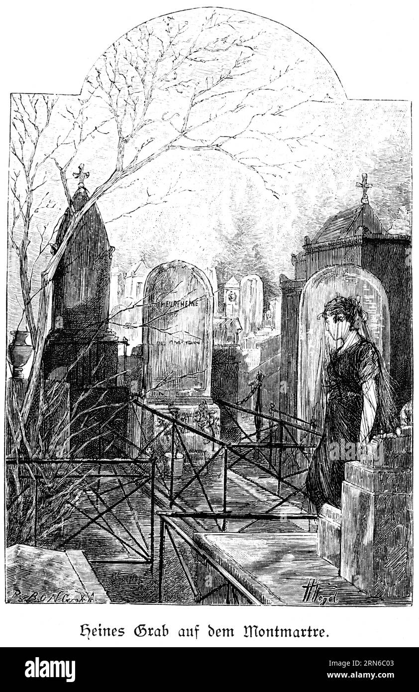 Grab von Heinrich Heine 1797-1856) in Montmartre, Paris, deutscher Dichter, Schriftsteller, Friedhof, Grabsteine, Inschrift, Gehege, Baum, Frau, Frankreich Stockfoto
