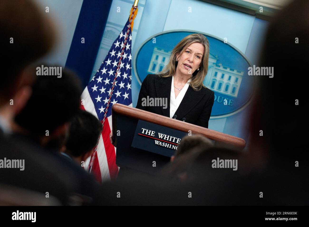 Washington, Usa. August 2023 31. Liz Sherwood-Randall, Berater für Heimatsicherheit, spricht während eines Pressebriefings im Weißen Haus in Washington am 31. August 2023. Foto von Yuri Gripas/ABACAPRESS.COM Credit: Abaca Press/Alamy Live News Stockfoto