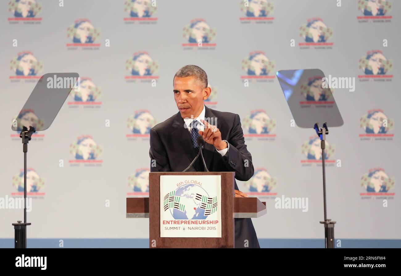 (150725) -- NAIROBI, 25. Juli 2015, -- US-Präsident Barack Obama hält eine Rede auf der Eröffnungsversammlung des Global Entrepreneurship Summit in Nairobi, Kenia, am 25. Juli 2015. US-Präsident Barack Obama nahm am Samstag an dem Gipfel Teil und lobte Afrikas enormes Potenzial. Kenia ist das erste Land in Afrika südlich der Sahara, das den Gipfel ausrichtet. ) (dzl) KENIA-NAIROBI-USA-GES-GIPFEL PanxSiwei PUBLICATIONxNOTxINxCHN 150725 Nairobi Juli 25 2015 US-Präsident Barack Obama hält eine Rede ZUR Eröffnung der Plenartagung des Global Entrepreneurship Summit AM 25 2015. Juli in Nairobi Kenia Stockfoto