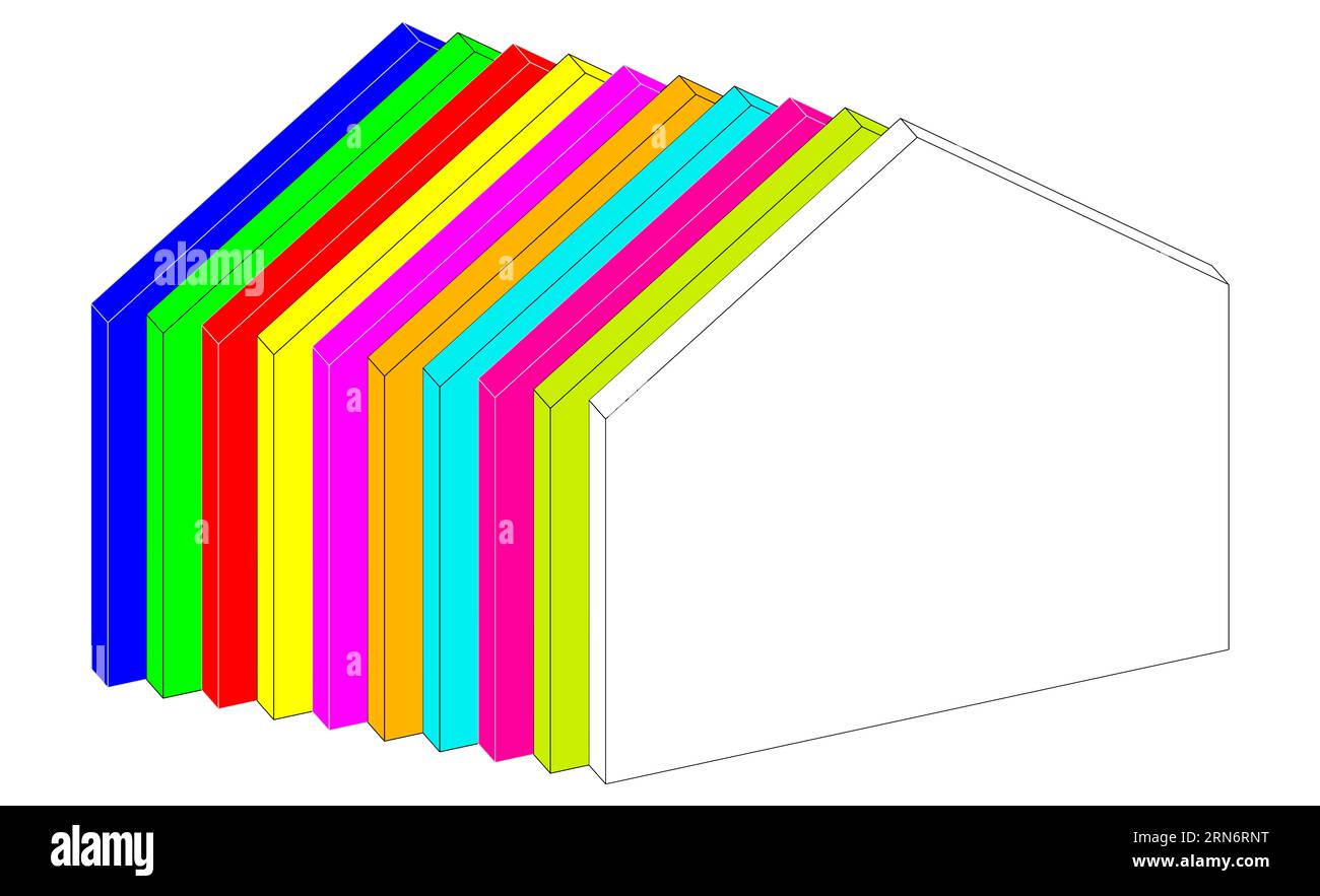Haus, Gebäude, geometrisches Symbol, Silhouetten von Gebäuden, Sofortbild. Ein wichtiges Logo, das die Idee von Zuhause in der Synthese repräsentiert. 3D-Grafiken Stockfoto