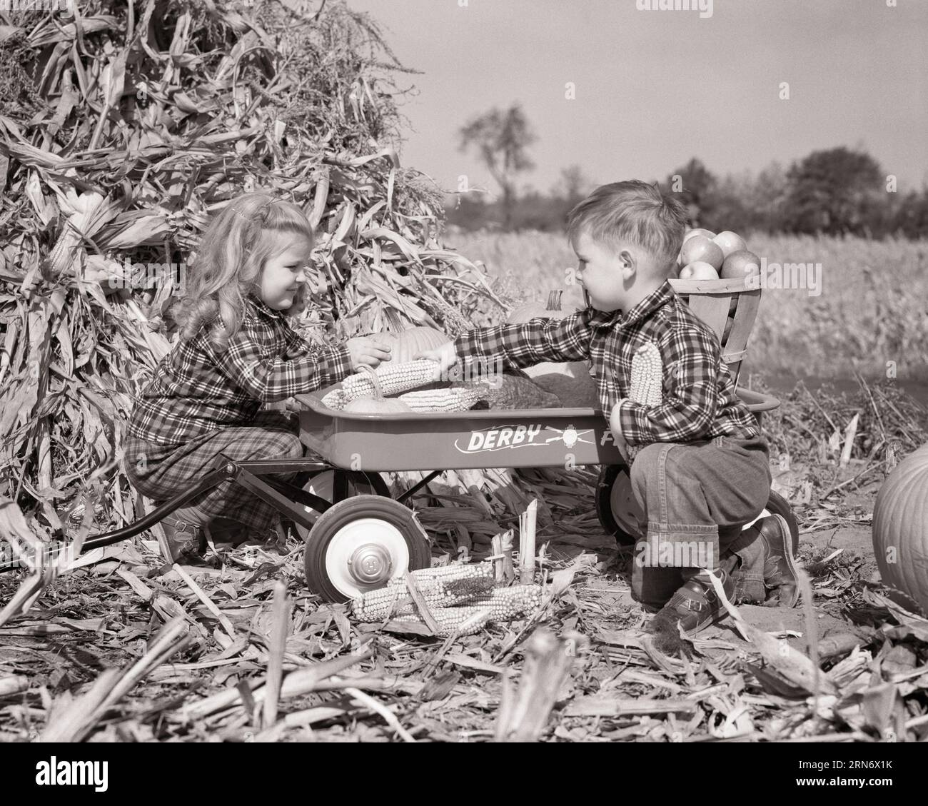 1950ER-JAHRE KLEINER JUNGE UND MÄDCHEN LADEN ROTEN WAGEN MIT ERNTEARTIKELN KÜRBISSE ÄPFEL MAIS IN PASSENDEN KARIERTEN JACKEN - C5854 HAR001 HARS JUGENDSTIL KOMMUNIKATION TEAMWORK BAUMWOLLE FREUDE LIFESTYLE FRAUEN BRÜDER LÄNDLICHES ZUHAUSE LEBEN NATUR KOPIE RAUM FREUNDSCHAFT HALBLANGE LANDWIRTSCHAFT MÄNNCHEN ÄPFEL KARIERTE GESCHWISTER AMERICANA DENIM SCHWESTERN LANDWIRTSCHAFT B&W LOADING PASSENDES GLÜCK ABENTEUER ENTDECKUNGSGEGENSTÄNDE KÜRBISSE UND SPANNUNG BAUERN FALLEN SAISON GESCHWISTER THANKFUL DONNERSTAG NATIONALFEIERTAG GETROCKNETE MAIS GRATEFUL OKTOBER BLAUE JEANS ZUSAMMENARBEIT WACHSTUM INFORMELLE JUGENDLICHE NOVEMBER ZWEISAMKEIT TWILL HERBSTLICH Stockfoto