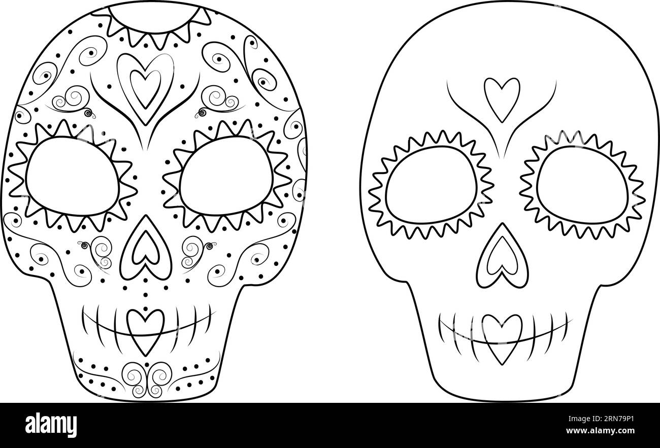 Set aus 2 gemusterten Zuckerskullen mit Konturzeichnung. Tag der Toten. Dia de los muertos. Mexiko. Vektor. Linie Art. Isolieren. Design für Poster, Banner, Grußworte oder Einladungen, Preisschilder, Etiketten oder Web Stock Vektor