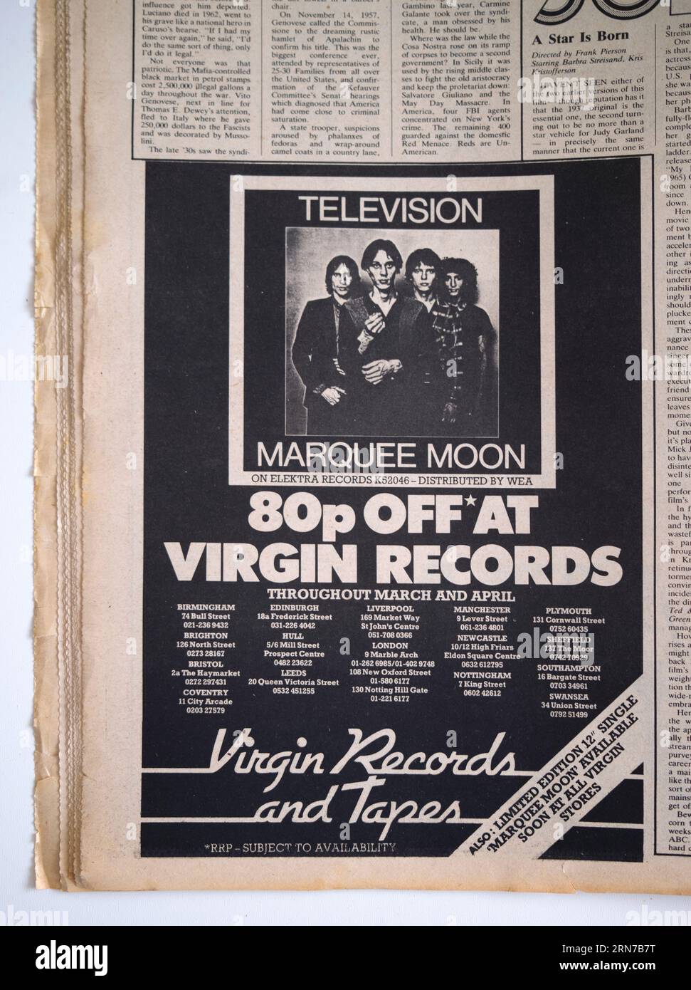 1970er Jahre Werbespot für Marquee Moon Album von TV in der NME Music Paper Stockfoto