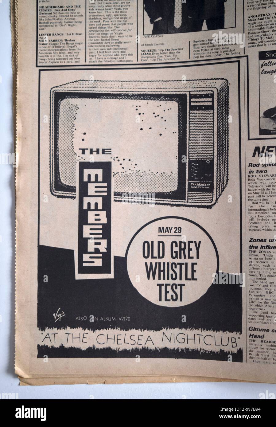 70er Jahre Werbespot für die Mitglieder-Gruppe Auftritte auf dem Old Grey Whistle Test in Sounds, einer britischen Musikzeitung Stockfoto