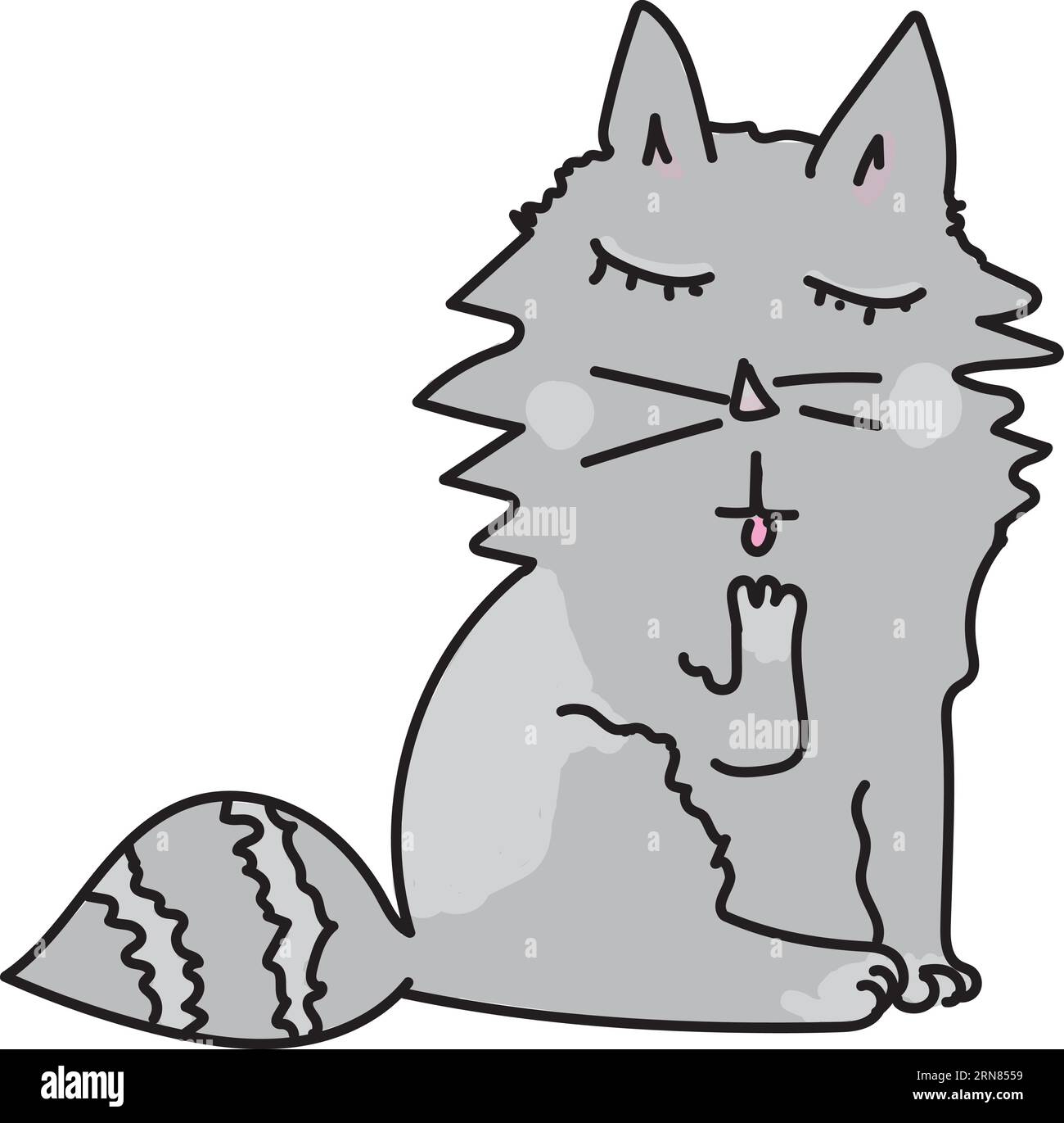 Von Hand gezeichnete Vektorillustration einer grau gefleckten Katze, die mit geschlossenen Augen ihre Pfote leckt Stock Vektor