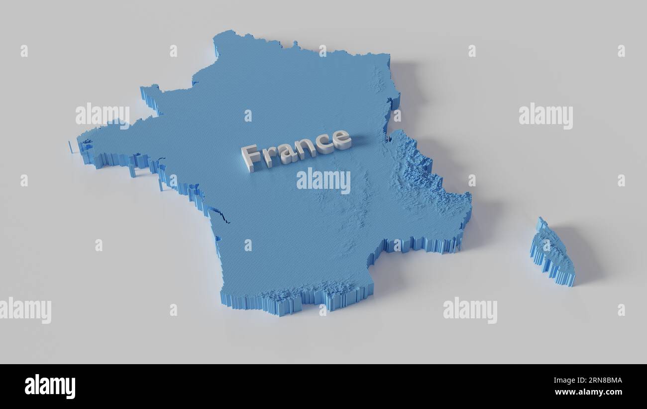 Eine Karte von Frankreich mit minimalen digitalisierten Informationen zur Mosaikhöhe, 3D-Rendering Stockfoto