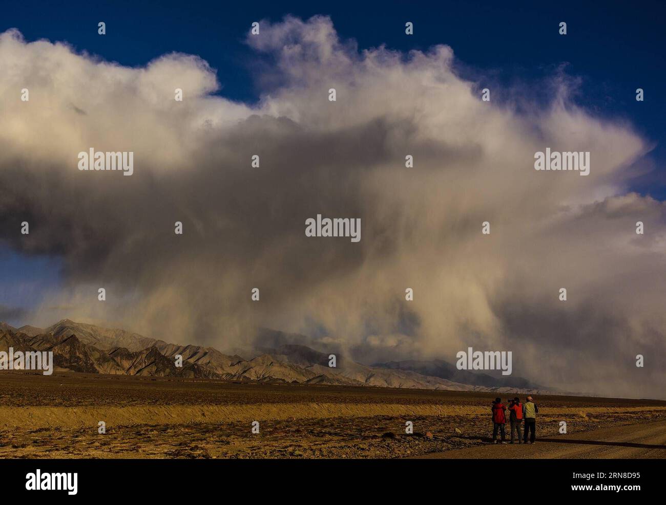 (151018) -- RUOQIANG, 18. Oktober 2015 -- Menschen machen Fotos im Altun Mountains Nature Reserve im Ruoqiang County, Nordwestchinas Autonome Region Xinjiang Uygur, 18. Oktober 2015. Das Reservat umfasst 45.000 Quadratkilometer und hat eine durchschnittliche Höhe von 4.500 Metern. Es ist die Heimat einer Vielzahl seltener und gefährdeter Tiere, darunter wilde Esel, Antilopen, wilde Yaks, Schneeleoparden und so weiter. Darüber hinaus ist das Reservat das erste spezialisierte Reservat für das Ökosystem der Plateauwüste der Welt. Song Zhenping) (yxb) CHINA-ALTUN BERGWELT (CN) ShenxQiao PUBLICATIONxNOTxINxCHN Ruoqiang Stockfoto