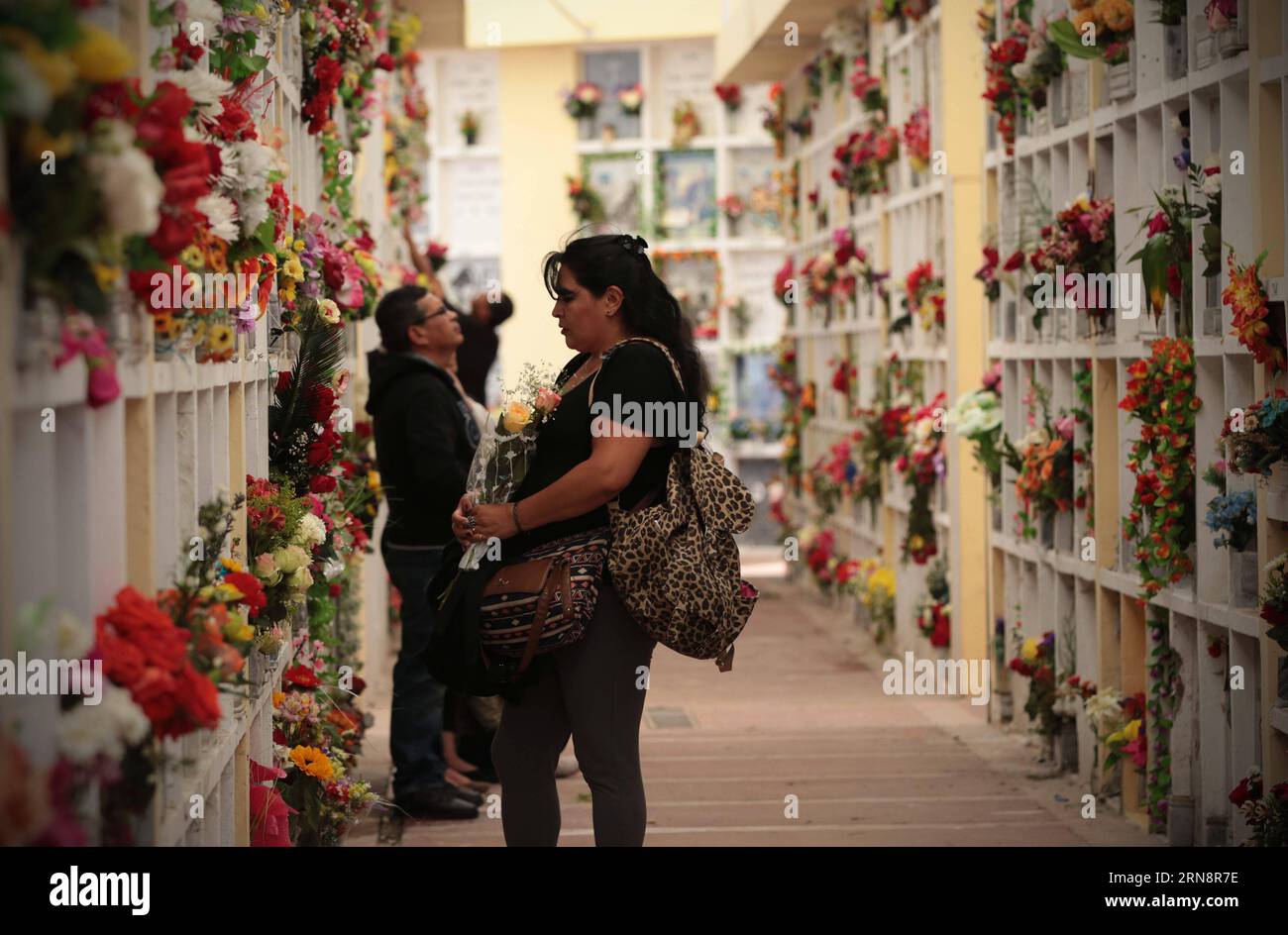 Die Bewohner besuchen die Gräber ihrer Lieben zum Gedenken an den Tag der Toten auf dem Friedhof des Monte Olive in Quito, der Hauptstadt von Ecuador, am 2. November 2015. Die Menschen gehen auf die Friedhöfe des Landes, um ihre toten Verwandten anlässlich des Allerheiligen- und des Todtages zu besuchen, die am 1. Und 2. November gedenken werden. ) (Da) (sp) ECUADOR-QUITO-ALLERHEILIGEN TAG DES TOTENGEDENKENS SANTIAGOxARMAS PUBLICATIONxNOTxINxCHN Bewohner besuchen die Gräber ihrer Lieben zum Gedenken an den Tag der Toten auf dem Friedhof des Monte Olive in der Hauptstadt Quito Stockfoto