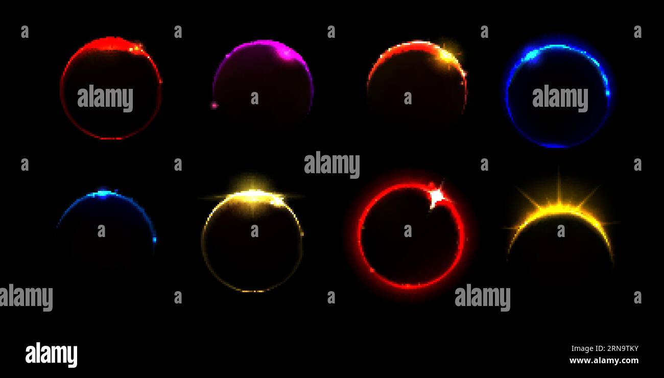 Sonnenfinsternis Licht und Sonnenaufgang Flare Ring Effekt. Abstrakter Erde- oder Mondrandkreis isoliert von geheimnisvollen Sonnenuntergangsstrahlen. Äußere Flamme herein Stock Vektor