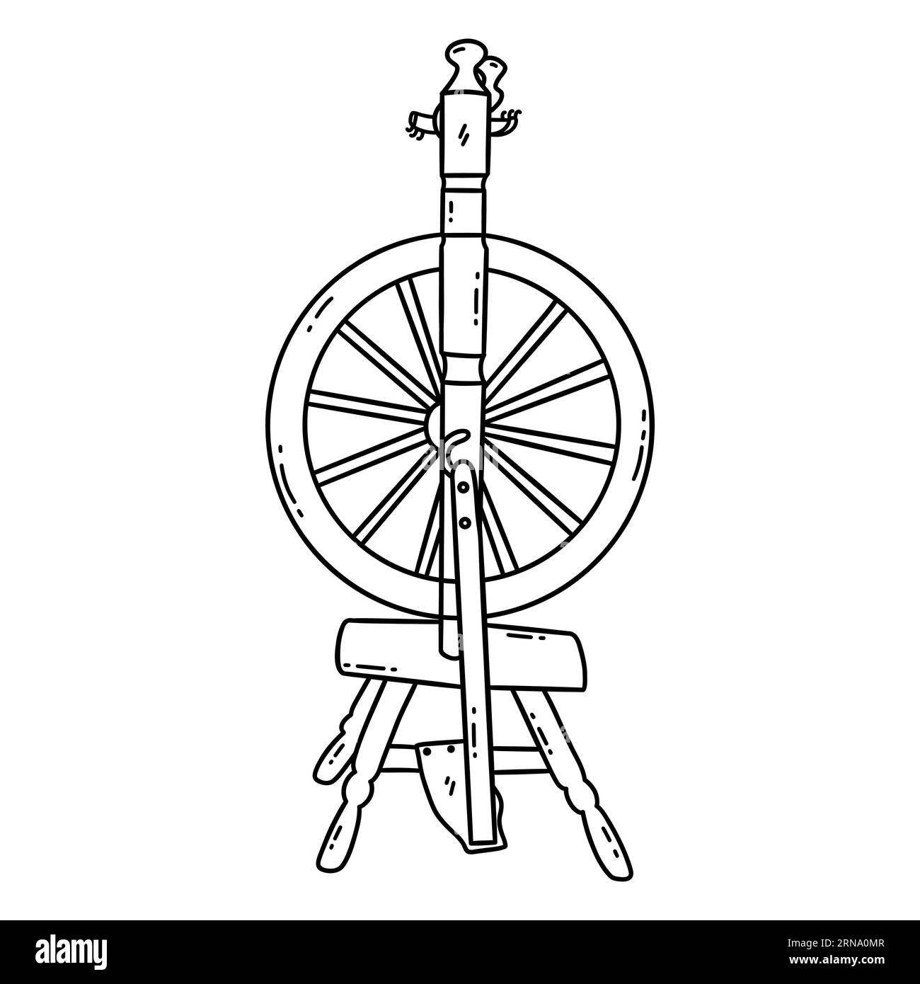 Altes russisches Holzdrehrad. Arbeitswerkzeug zum Handspinnen von Garnen. Traditionelle russische Kultur unter slawen. Schwarz-weiß-Vektorisol Stock Vektor