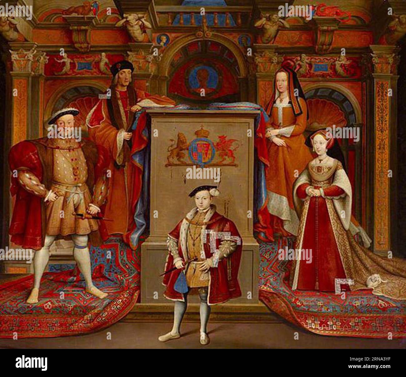 König Heinrich VII. (1457–1509), Königin Elisabeth (von York) (1466–1503), König Heinrich VIII. (1491–1547), Königin Jane Seymour (1509–1537) und König Eduard VI. (1537–1553) als Prinz von Wales (adaptiert von Hans Hol 1669 von Remigius van Leemput) Stockfoto