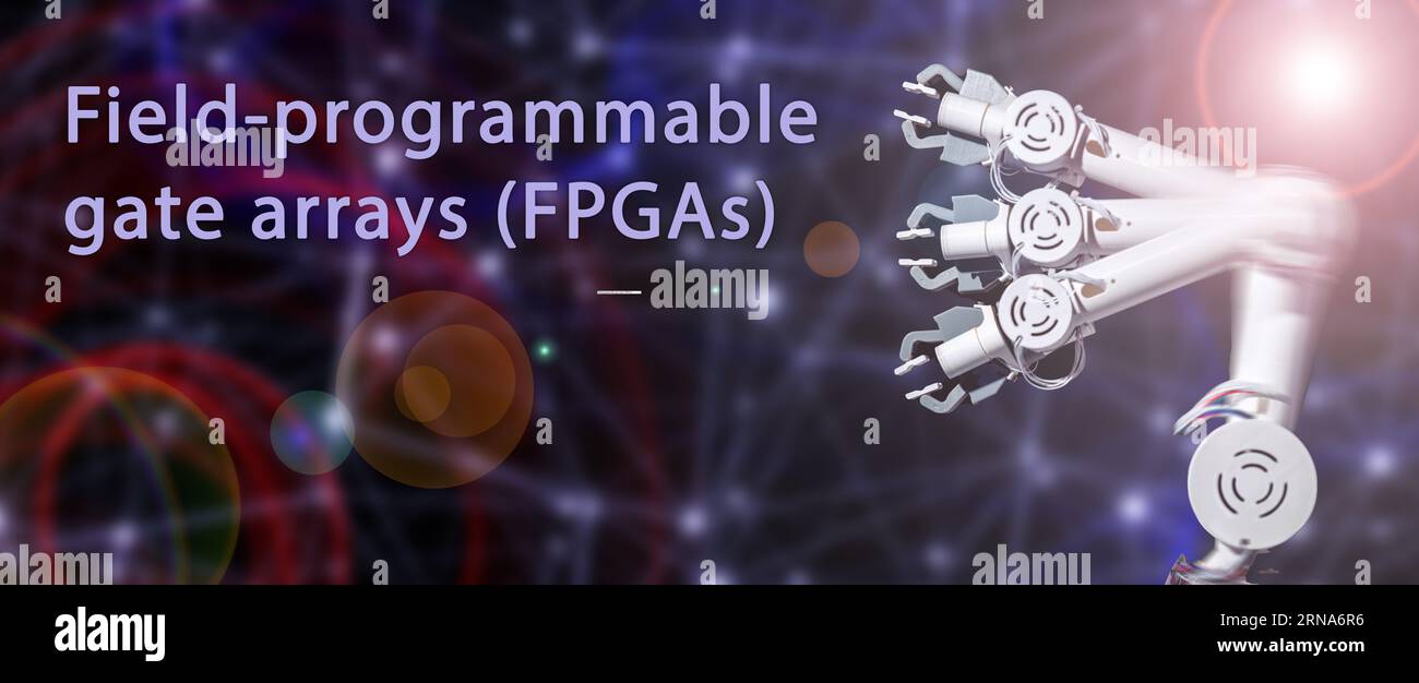 Vor Ort programmierbare Gate-Arrays (FPGAs) anpassbare integrierte Schaltkreise, die zur Ausführung bestimmter Aufgaben neu programmiert werden können. Stockfoto