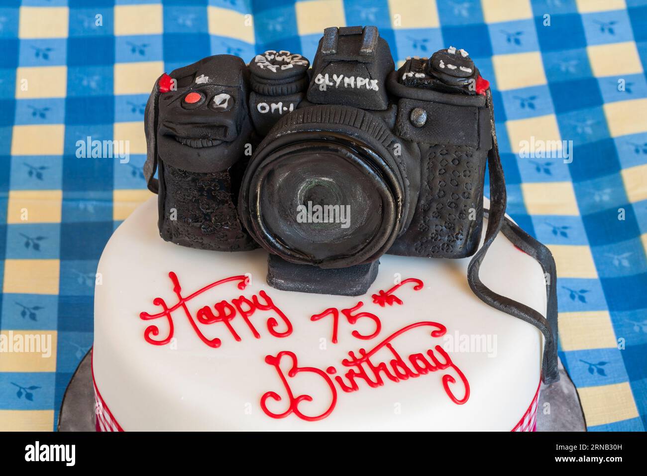 Geburtstagskuchen mit Olymp-Kamera für Fotografen zum Geburtstag Stockfoto
