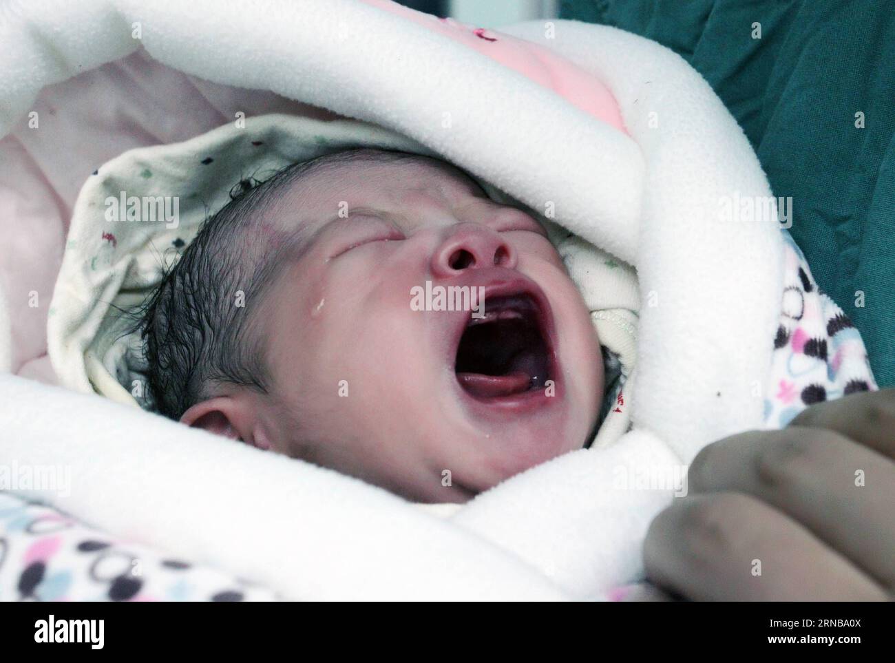 XI AN, 24. Februar 2016 -- Foto vom 24. Februar 2016 zeigt ein Neugeborenes im Tangdu Hospital in Xi an, der Hauptstadt der nordwestchinesischen Provinz Shaanxi. Das Baby, das am Mittwoch in Xi an durch gefrorenen Embryo-Transfer (FET) geboren wurde, wurde vor über 12 Jahren gedüngt und wurde Chinas längstes konserviertes Röhrenbaby durch FET-Technologie. ) (Cxy) CHINA-XI AN-FROZEN EMBRYO-RECORD (CN) LiuxTingting PUBLICATIONxNOTxINxCHN Xi bis 24. Februar 2016 Foto aufgenommen AM 24. Februar 2016 zeigt ein Neugeborenes IM Tangdu Krankenhaus in Xi in der Hauptstadt Nordwestchinas, Provinz S Shaanxi, das Baby, das AM Mittwoch in Xi bis Th geboren wurde Stockfoto