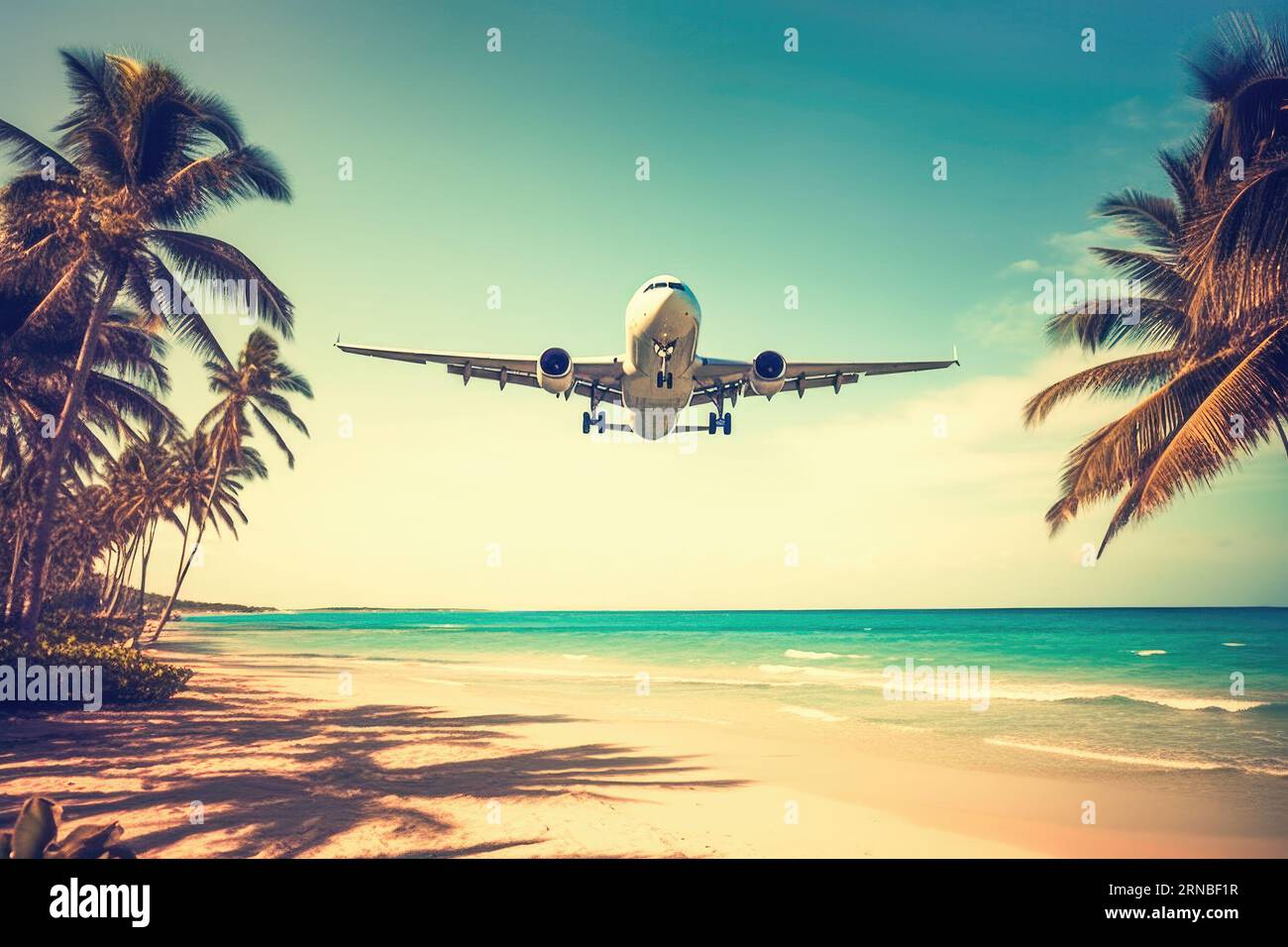 Flugzeug fliegt über tropischem Strand Stockfoto