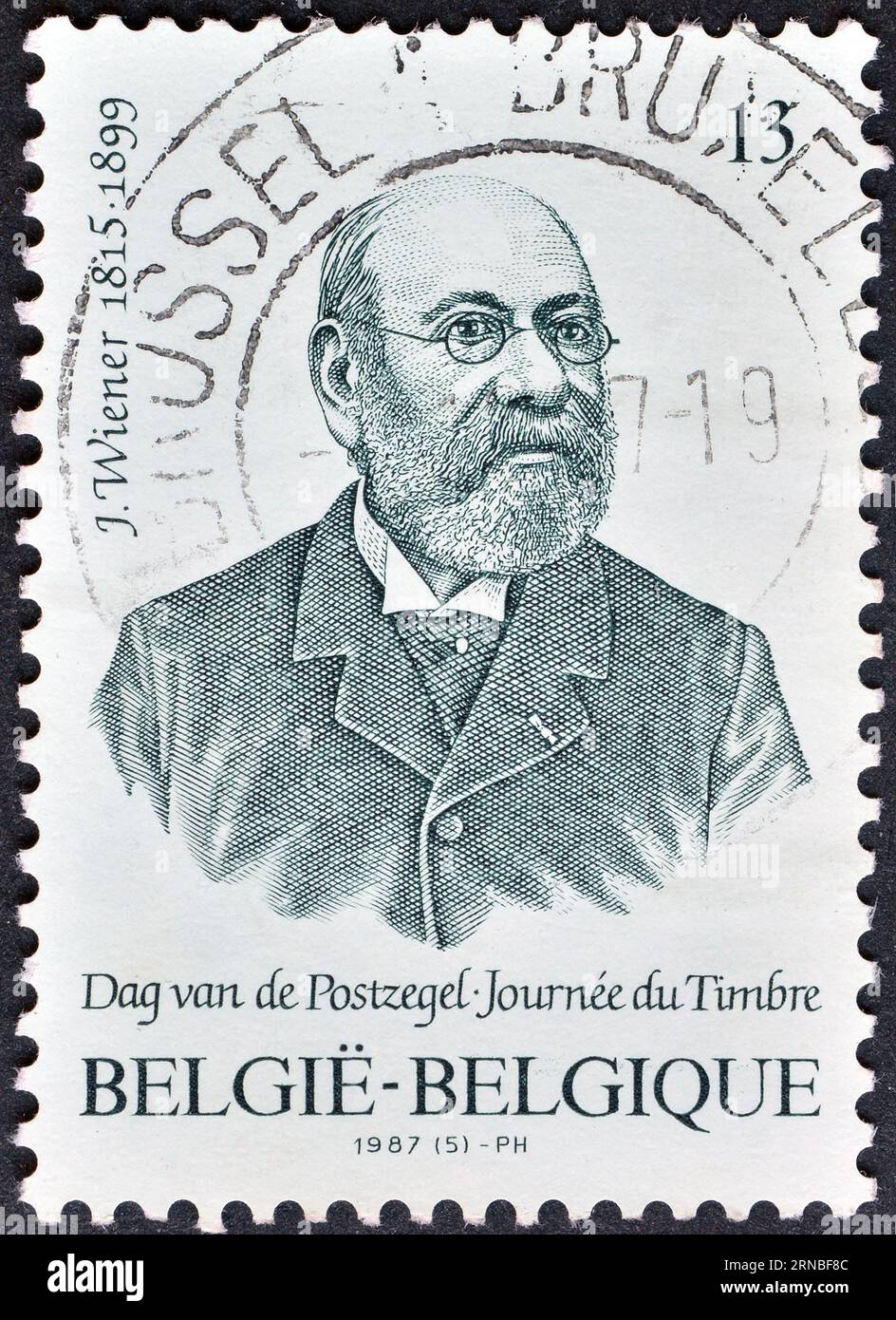 Von Belgien gedruckte Briefmarke, die Jacob Wiener (1815-1899) zeigt - Graveur, um 1987. Stockfoto