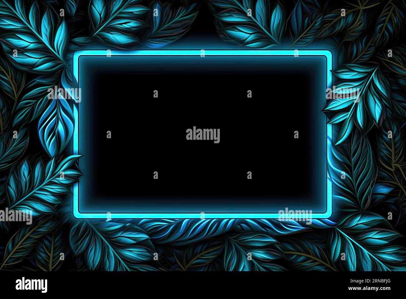 Blauer Neonrahmen auf dunklem Hintergrund Stockfoto