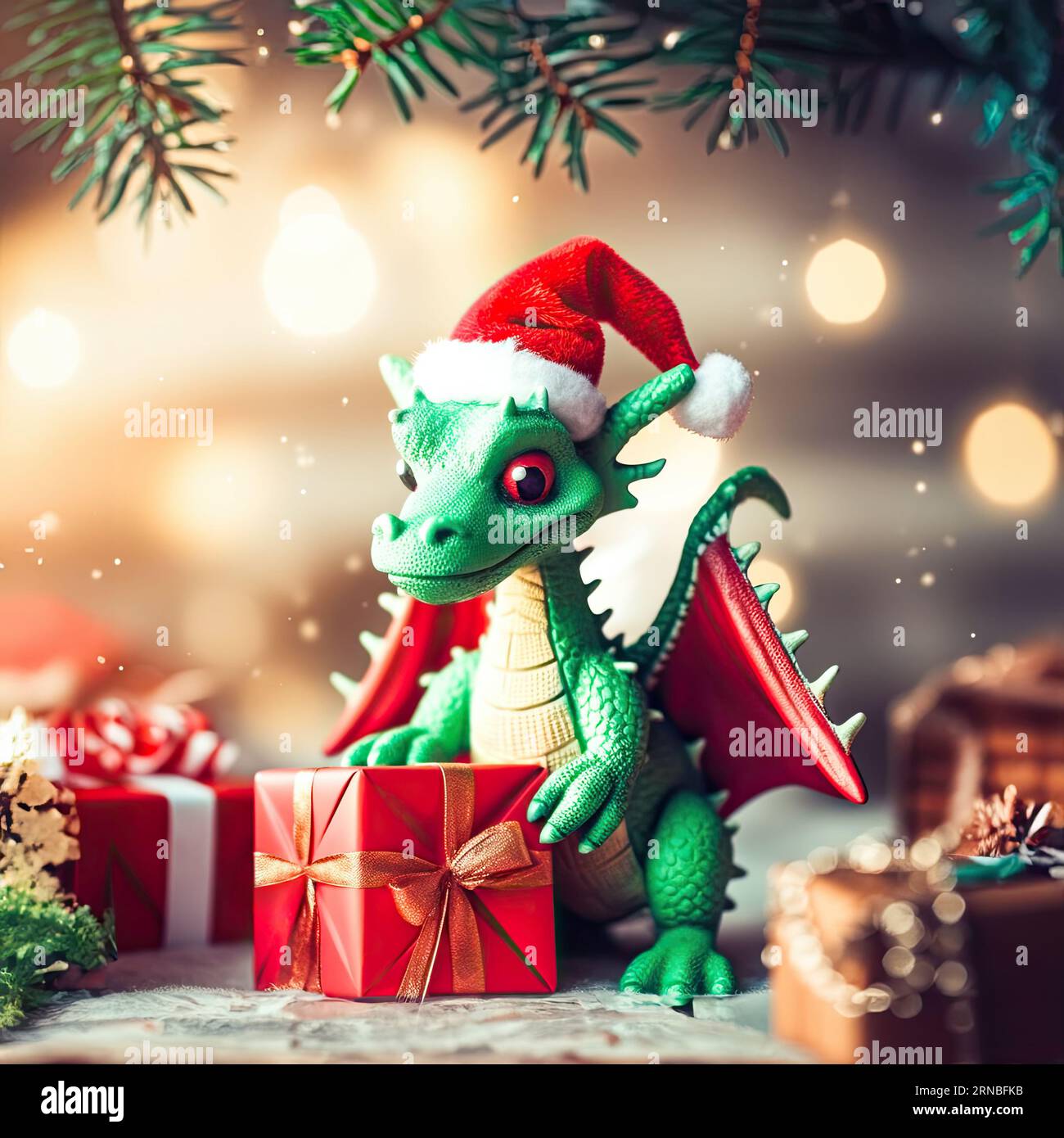 Süßer grüner Drache in rotem weihnachtshut mit Geschenkbox Stockfoto
