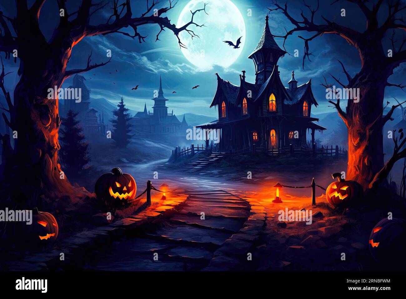 Halloween-Hintergrund mit großem Mond, altem Haus, Kürbissen Stockfoto