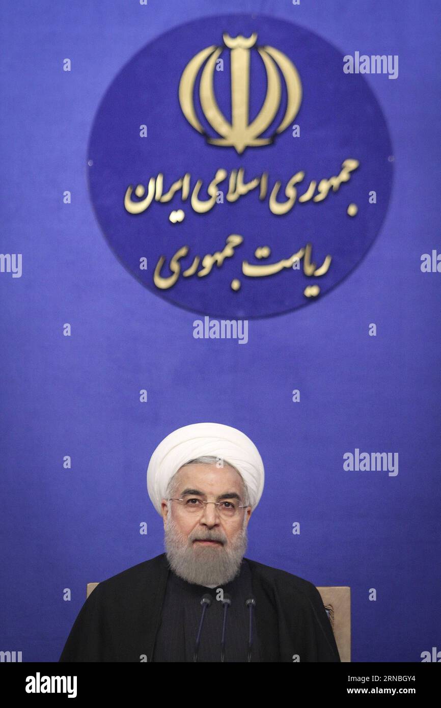 (160306) -- TEHERAN, 6. März 2016 -- iranischer Präsident Hassan Rouhani nimmt am 6. März 2016 an einer Pressekonferenz in Teheran, Iran, Teil. Rouhani sagte am Sonntag, dass die Ergebnisse der jüngsten Wahl in Majlis (parlament) zeigen, dass die Menschen für die Mäßigung als Verlängerung der Präsidentschaftswahl im Jahr 2013 gestimmt haben. IRAN-TEHERAN-ROUHANI-PRESSEKONFERENZ AhmadxHalabisaz PUBLICATIONxNOTxINxCHN TEHERAN 6. März 2016 iranischer Präsident Hassan Rouhani nimmt AM 6. März 2016 an einer Pressekonferenz in TEHERAN Teil Stockfoto