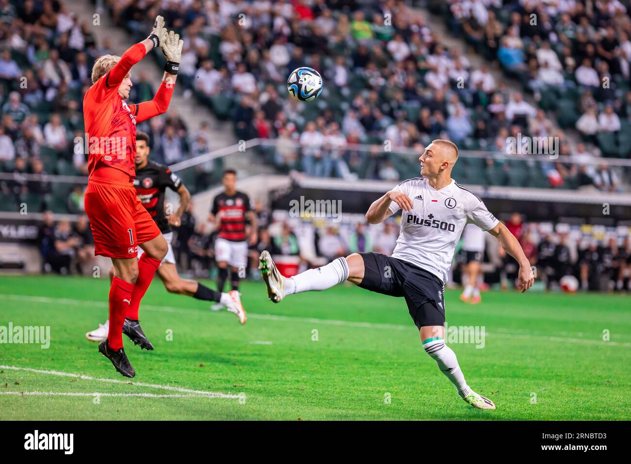 Warschau, Polen. August 2023 31. (L-R) Jonas Lossl vom FC Midtjylland und Blaz Kramer von Legia werden während der Qualifikationsrunde der UEFA Europa Conference League zwischen Legia Warszawa und FC Midtjylland im Marschall Jozef Pilsudski Legia Warschau Municipal Stadium in Aktion gesehen. Endstand: Legia Warszawa 1:1 (Elfmeter 6:5) FC Midtjylland. Quelle: SOPA Images Limited/Alamy Live News Stockfoto
