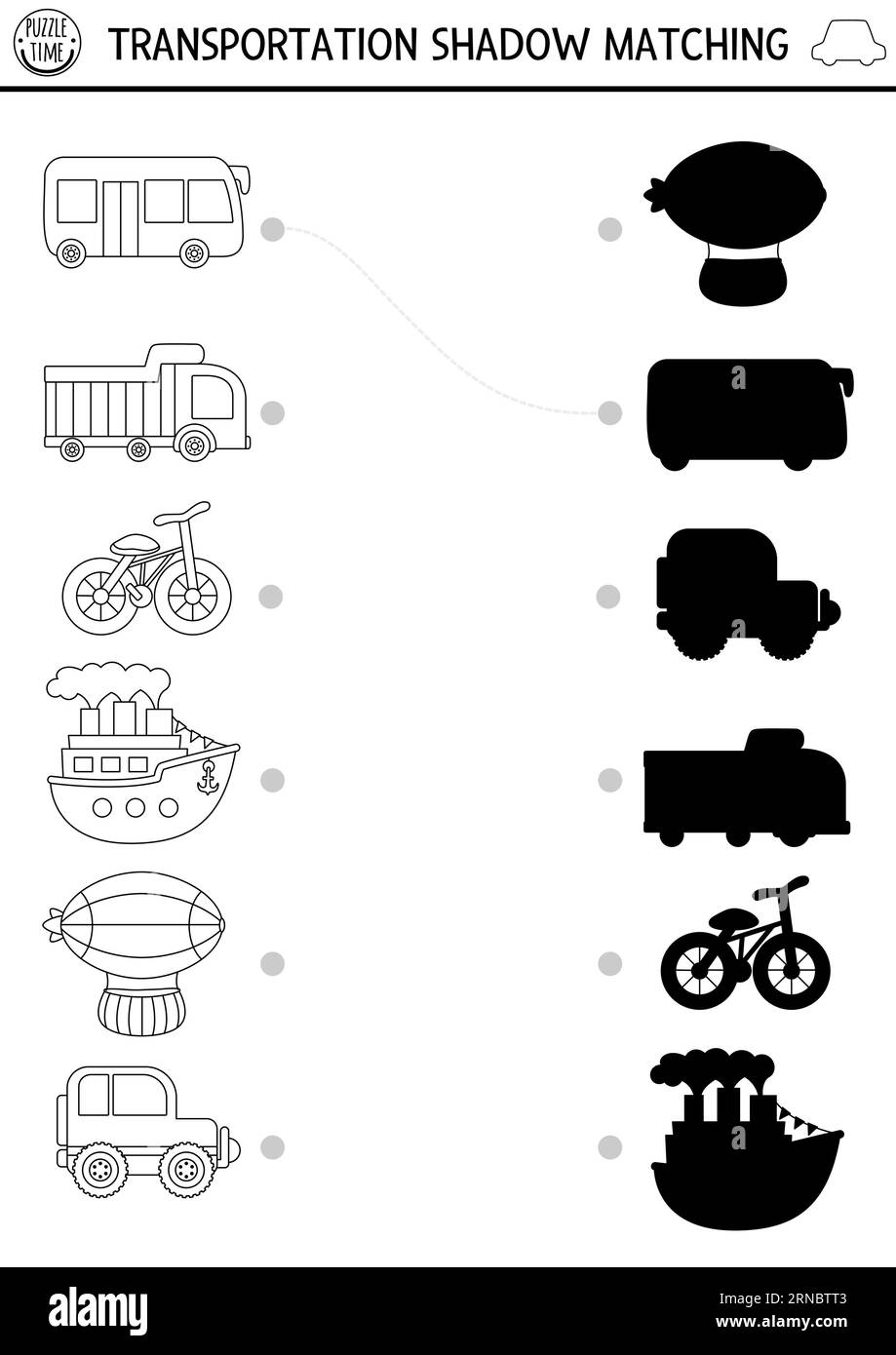 Transport Schwarz-weiß-Schattenabgleich. Transportlinie Puzzle mit niedlichem Auto, LKW, Schiff, Fahrrad, Bus. Suchen Sie nach dem richtigen Silhouettendruck Stock Vektor