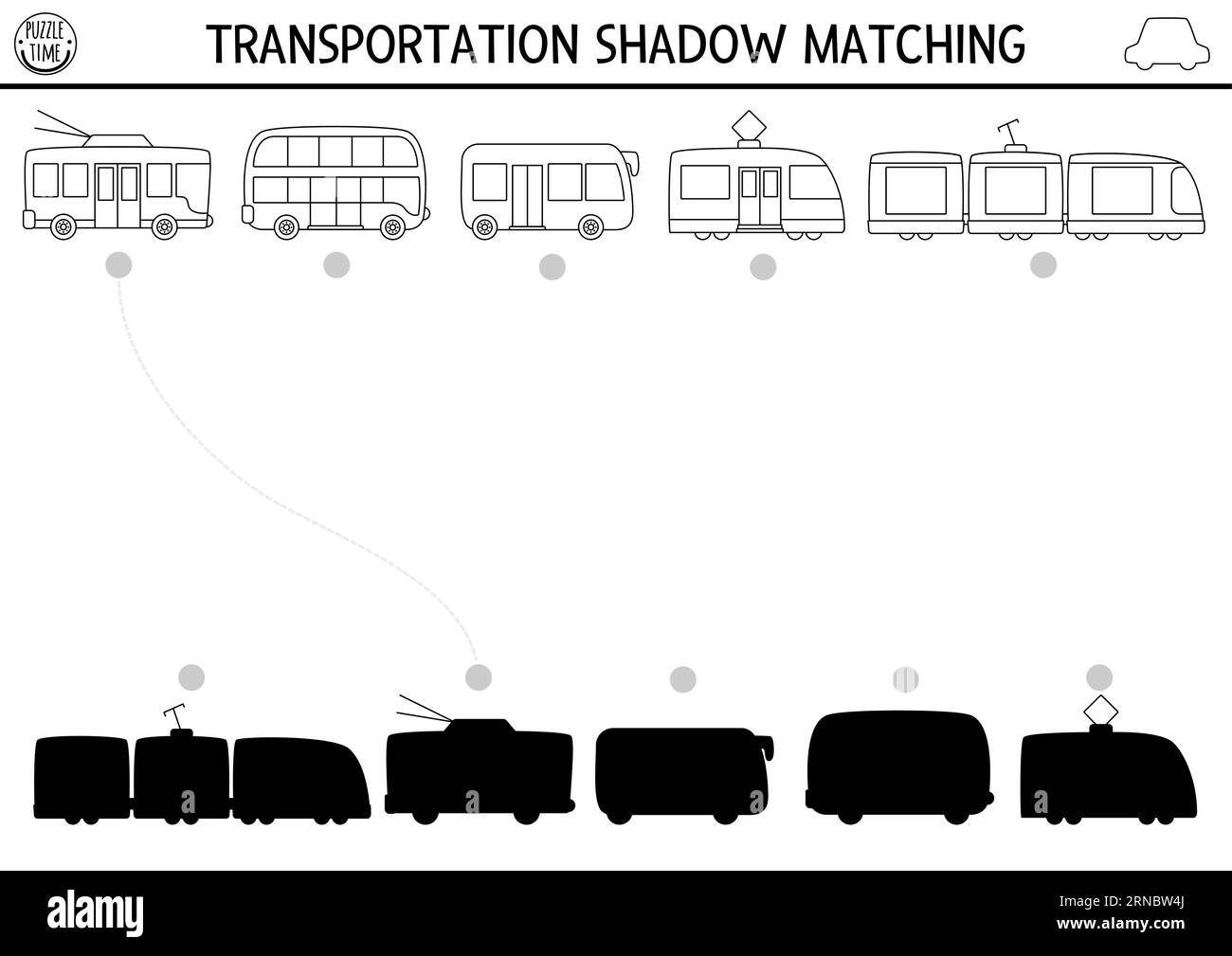 Transport Schwarz-weiß-Schattenabgleich. Puzzle mit den öffentlichen Verkehrslinien mit niedlichem Bus, Straßenbahn, Zug. Suchen Sie den richtigen Arbeitsauftrag für die Silhouette, der gedruckt werden kann Stock Vektor