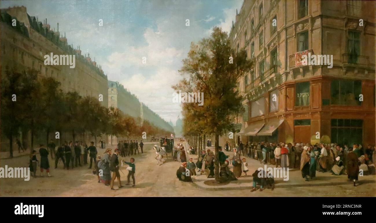 Queue à la porte d'une épicerie (angle de la rue Réaumur et du Boulevard Sébastopol) en novembre 1870 1871 von Jacques Guiaud Stockfoto