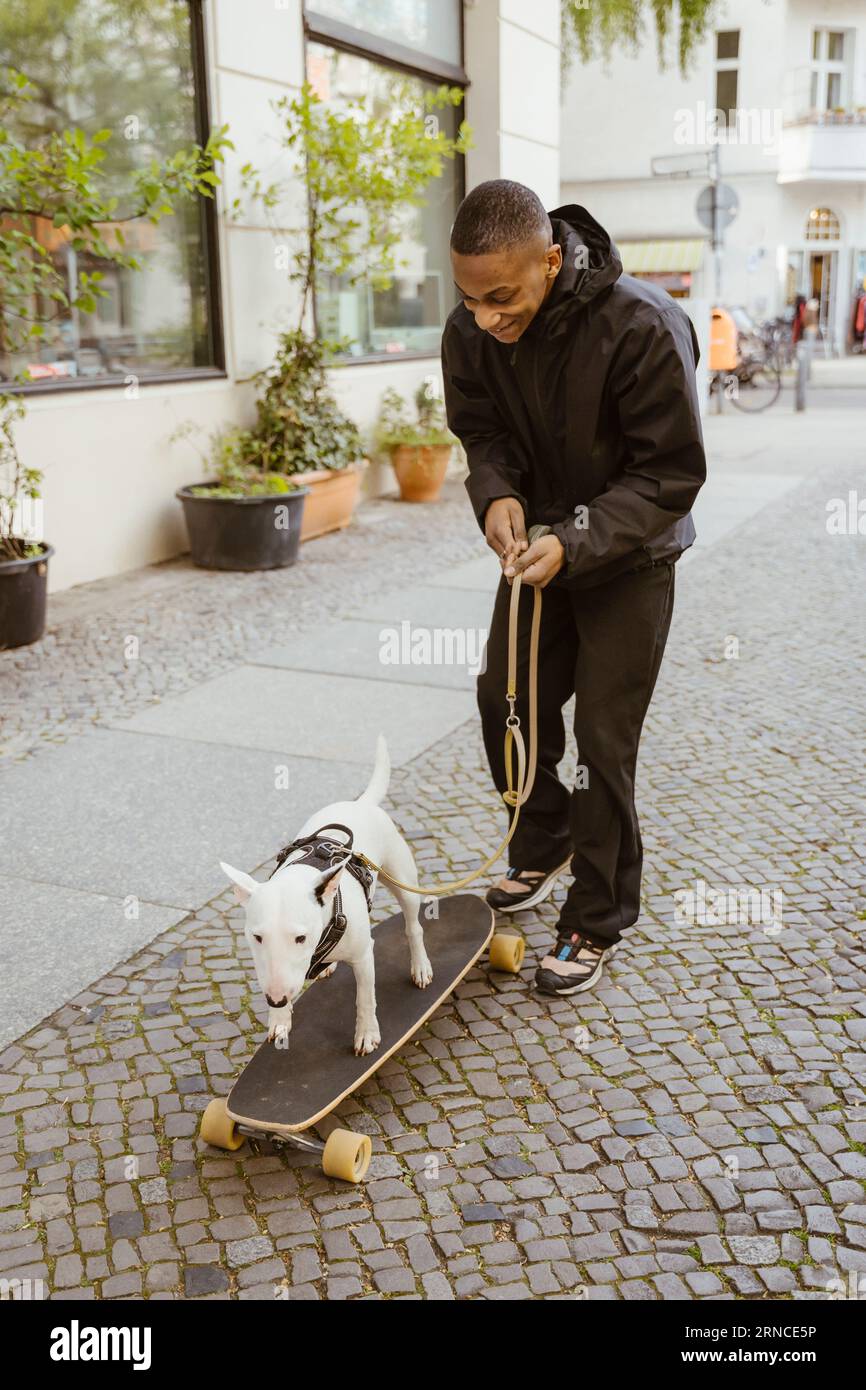 Eine ganze Länge des lächelnden jungen Mannes, der mit Bull Terrier auf dem Skateboard auf dem Bürgersteig läuft Stockfoto