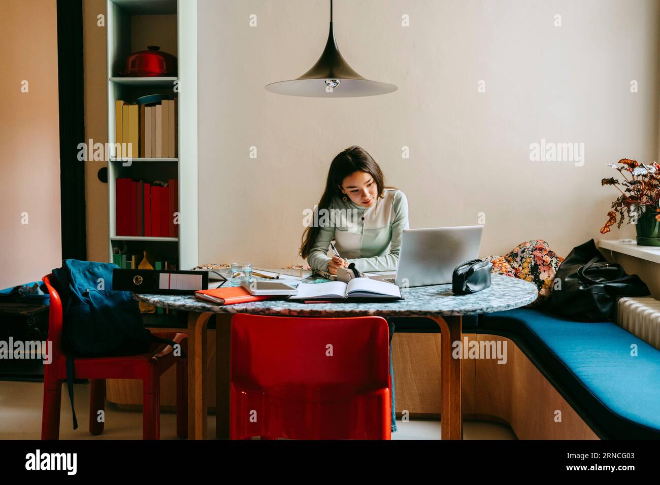 Junge Frau macht Hausaufgaben mit Laptop zu Hause Stockfoto