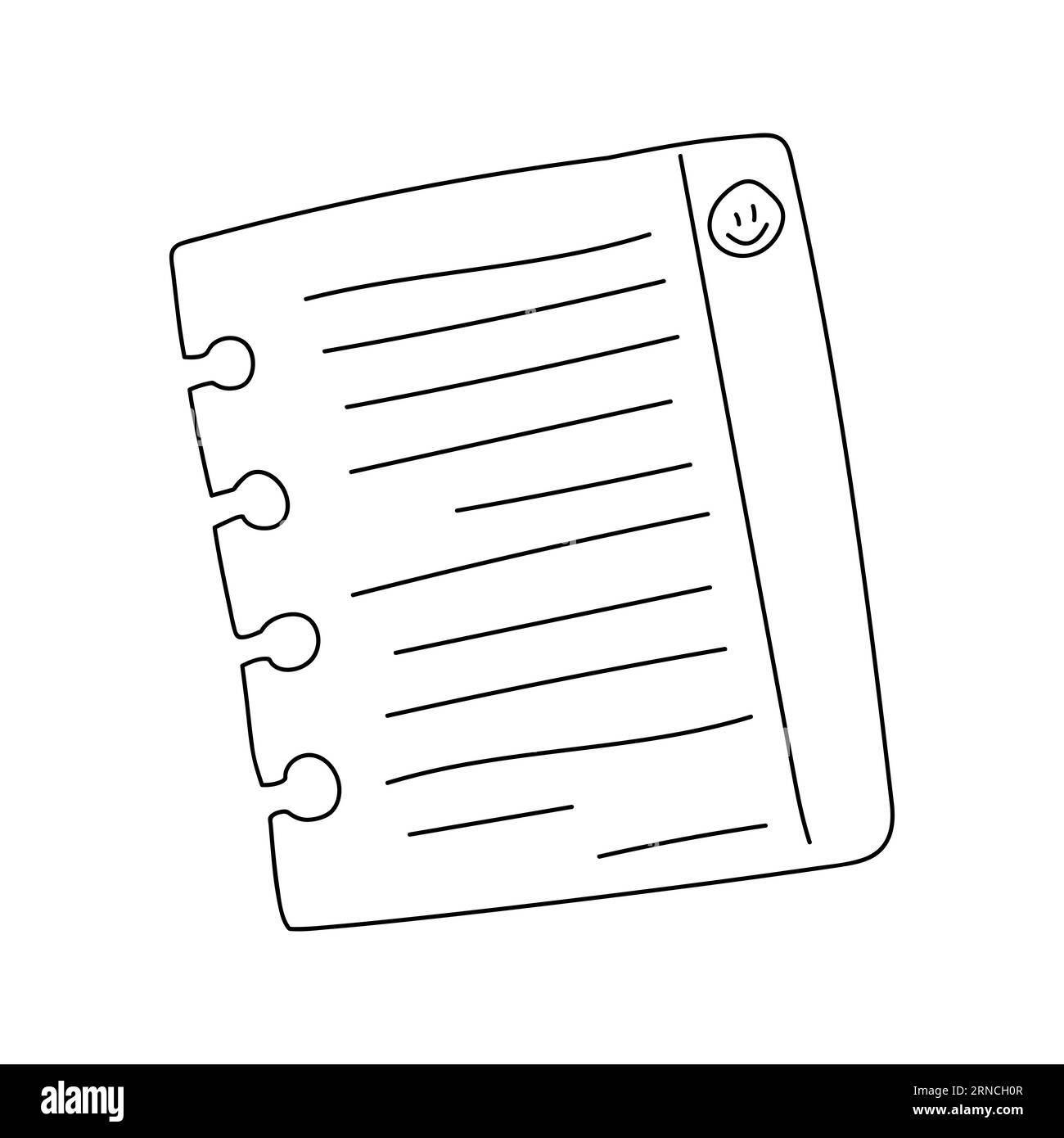 Von Hand gezeichnetes, gerissenes Blatt Papier mit Linien und einem lächelnden Gesicht. Einfaches Notizbuchblatt. Schwarz-weiß-Doodle-Vektor-Illustration isoliert auf einem Stock Vektor